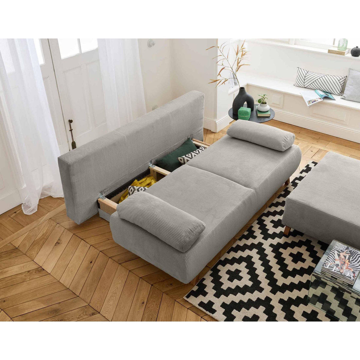 BEST MOBILIER Cristal - canapé 3 places - convertible avec coffre et grand pouf - en velours côtelé