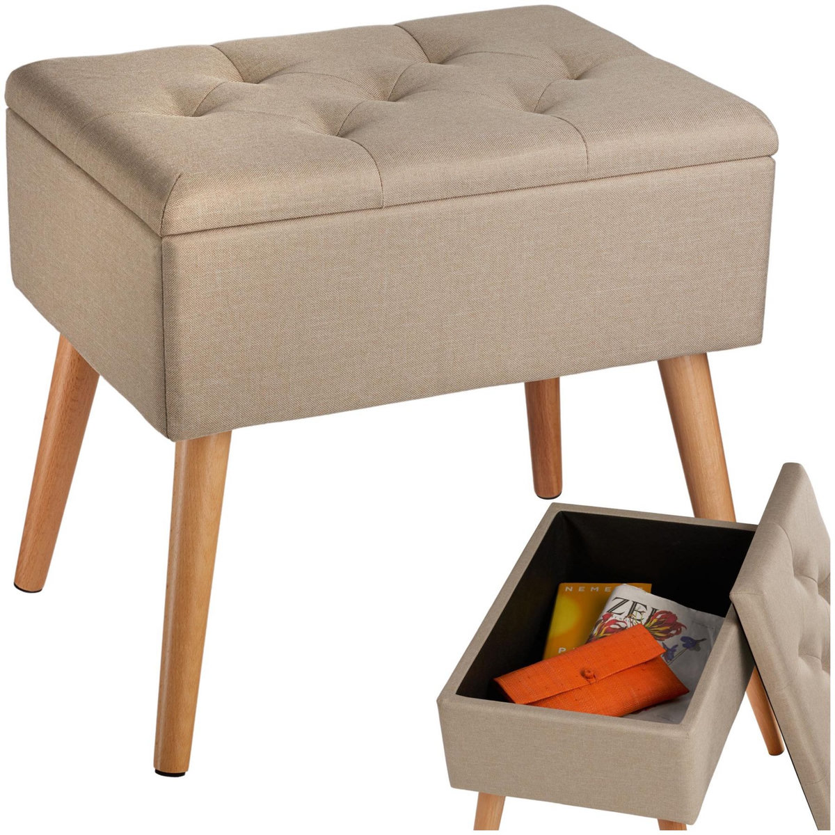 tectake Banc avec coffre de rangement aspect lin avec rembourrage confortable sable