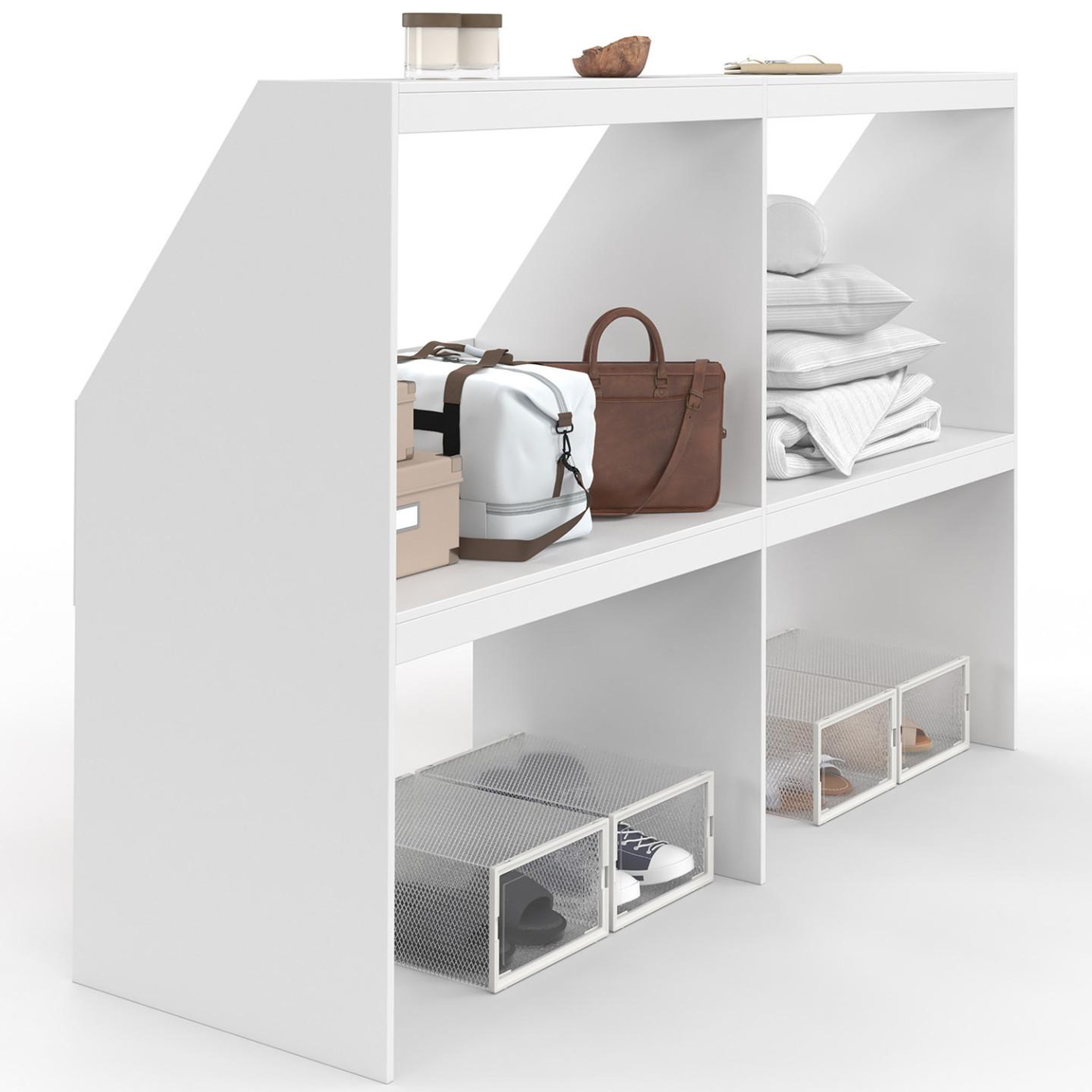 Voir la diapositive 1 : ID MARKET Etagère sous pente 4 cases tomi 160 x 50 x 110/70 cm blanc