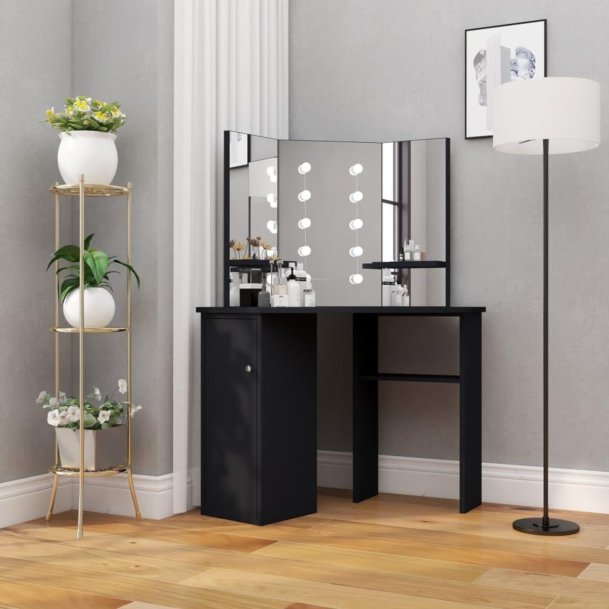 VIDAXL Coiffeuse d'angle avec LED Noir 111x54x141,5 cm