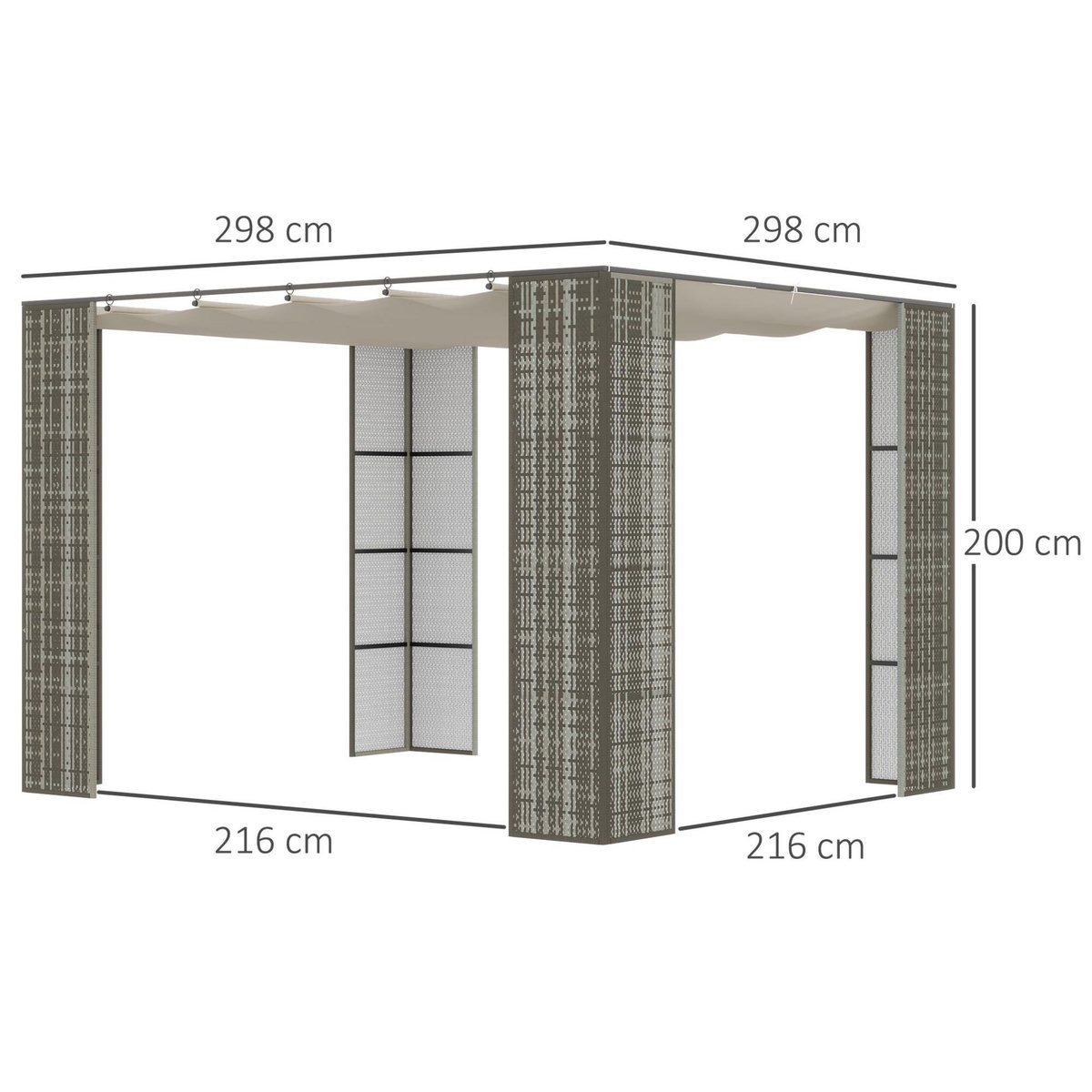 OUTSUNNY Pergola rétractable style colonial dim. 2,98L x 2,98l x 2H m métal époxy anticorrosion résine tressée grise toile polyester haute densité 180 g/m² crème