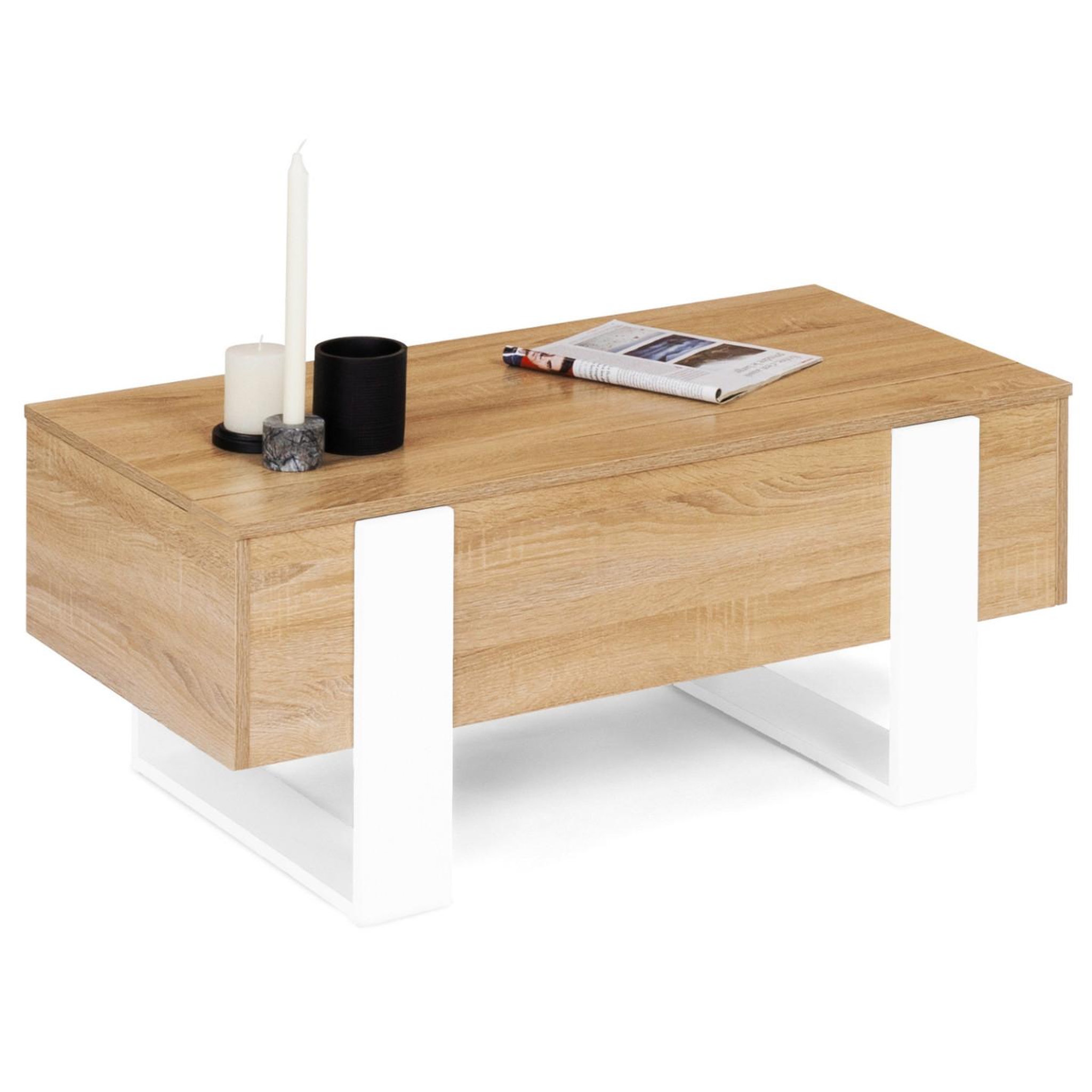 Voir la diapositive 4 : ID MARKET Table basse plateau relevable rectangulaire phoenix bois et blanc