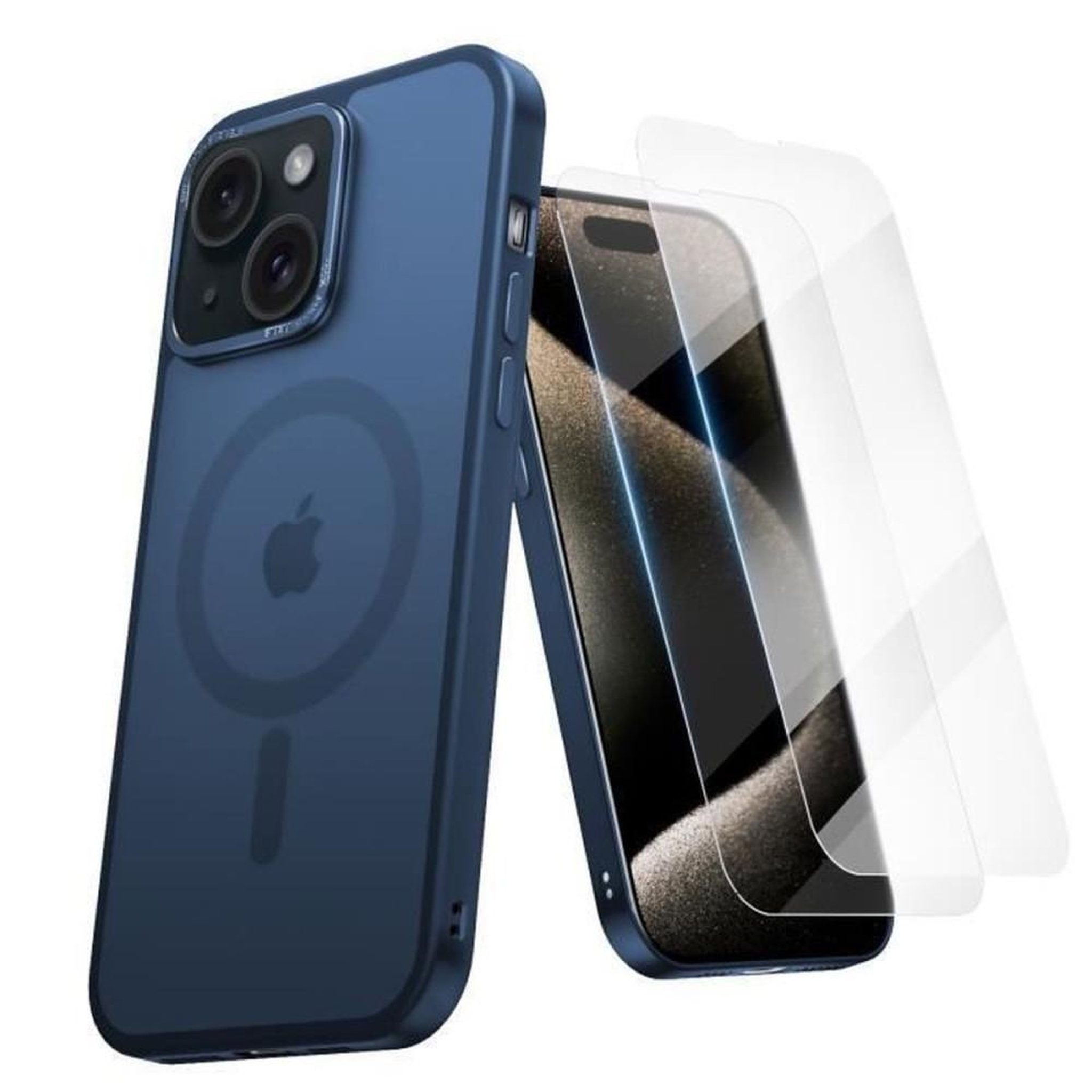Coque ultra mince bleu marine pour iPhone 15 compatible MagSafe, revêtement doux, protection chutes 10FT et protection verre trempé (2)