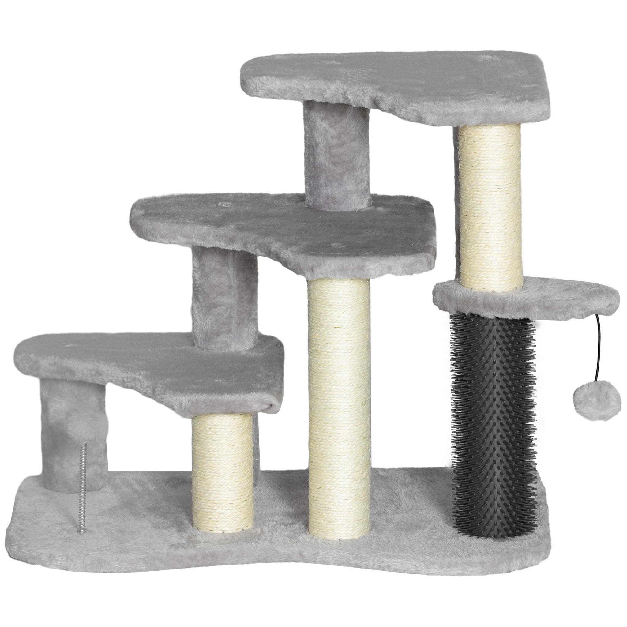 PAWHUT Arbre à chat 3 marches 3 griffoirs bande massante 2 jeux boules peluche gris clair