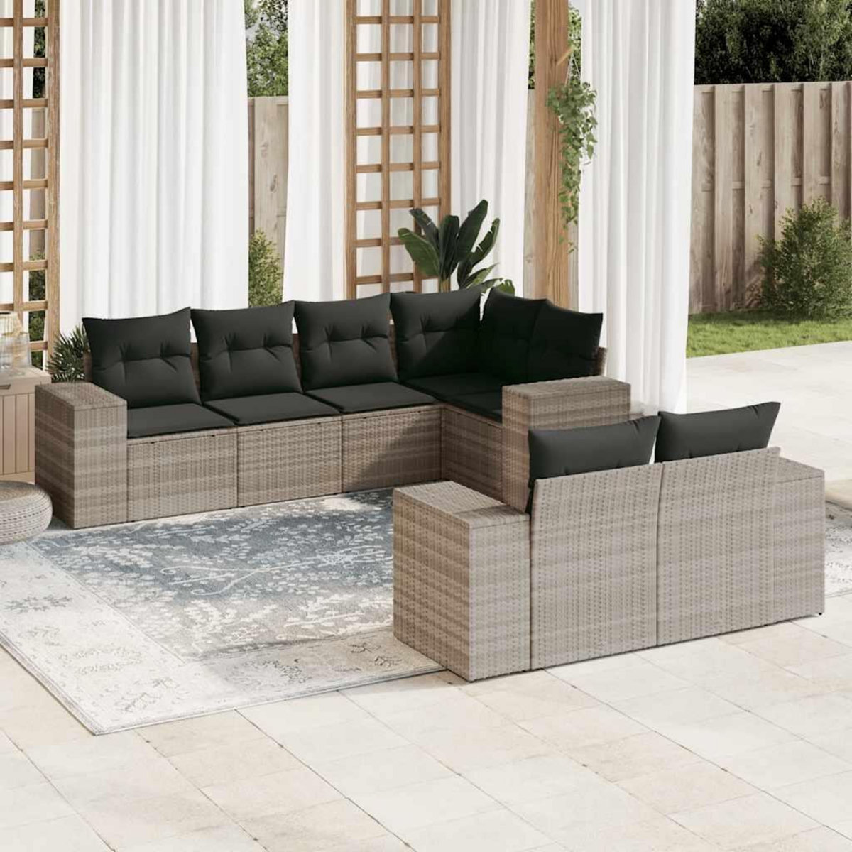 VIDAXL Salon de jardin avec coussins 7 pcs gris clair resine tressee