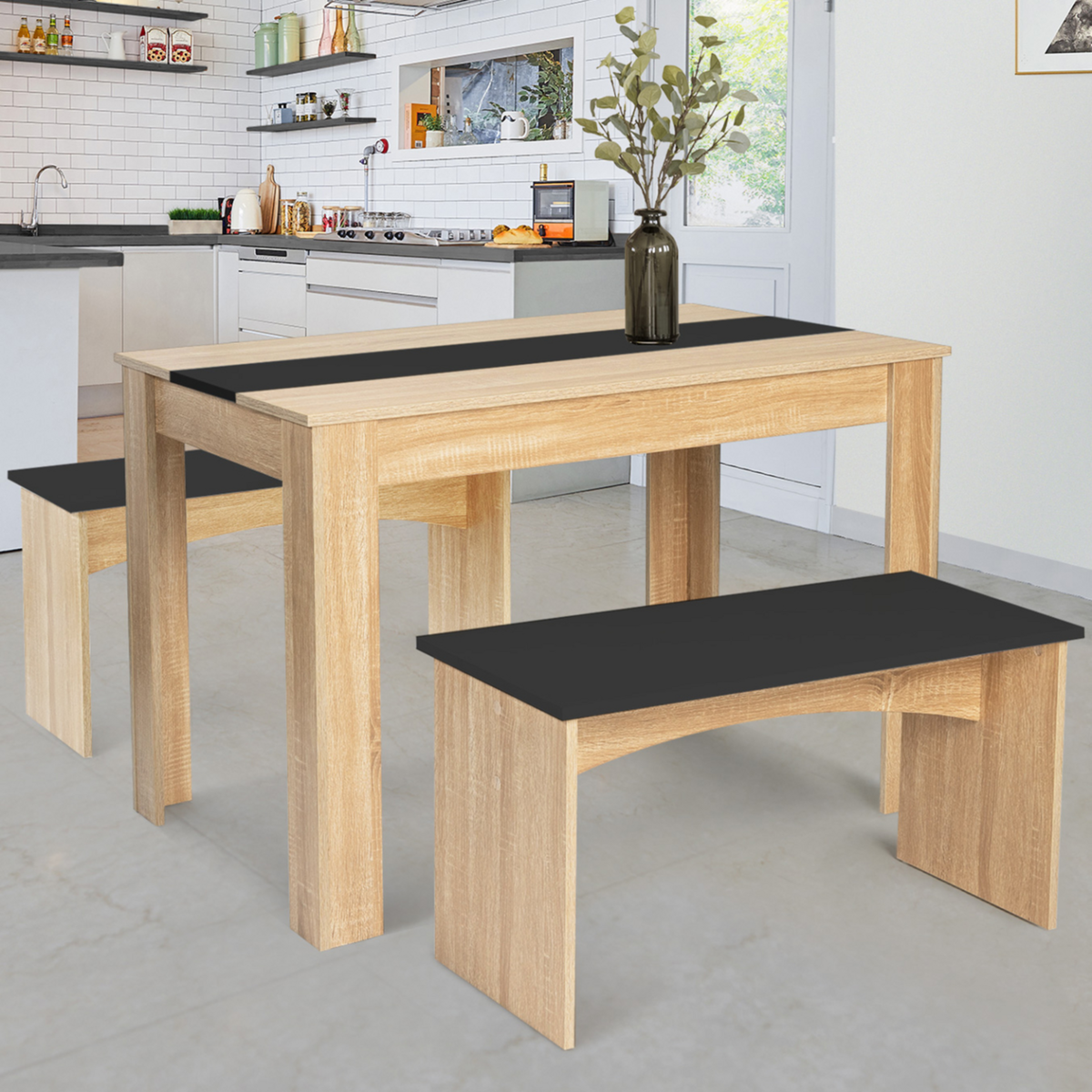ID MARKET Ensemble table à manger et 2 bancs ROZY 4 personnes façon hêtre et noir 110 cm