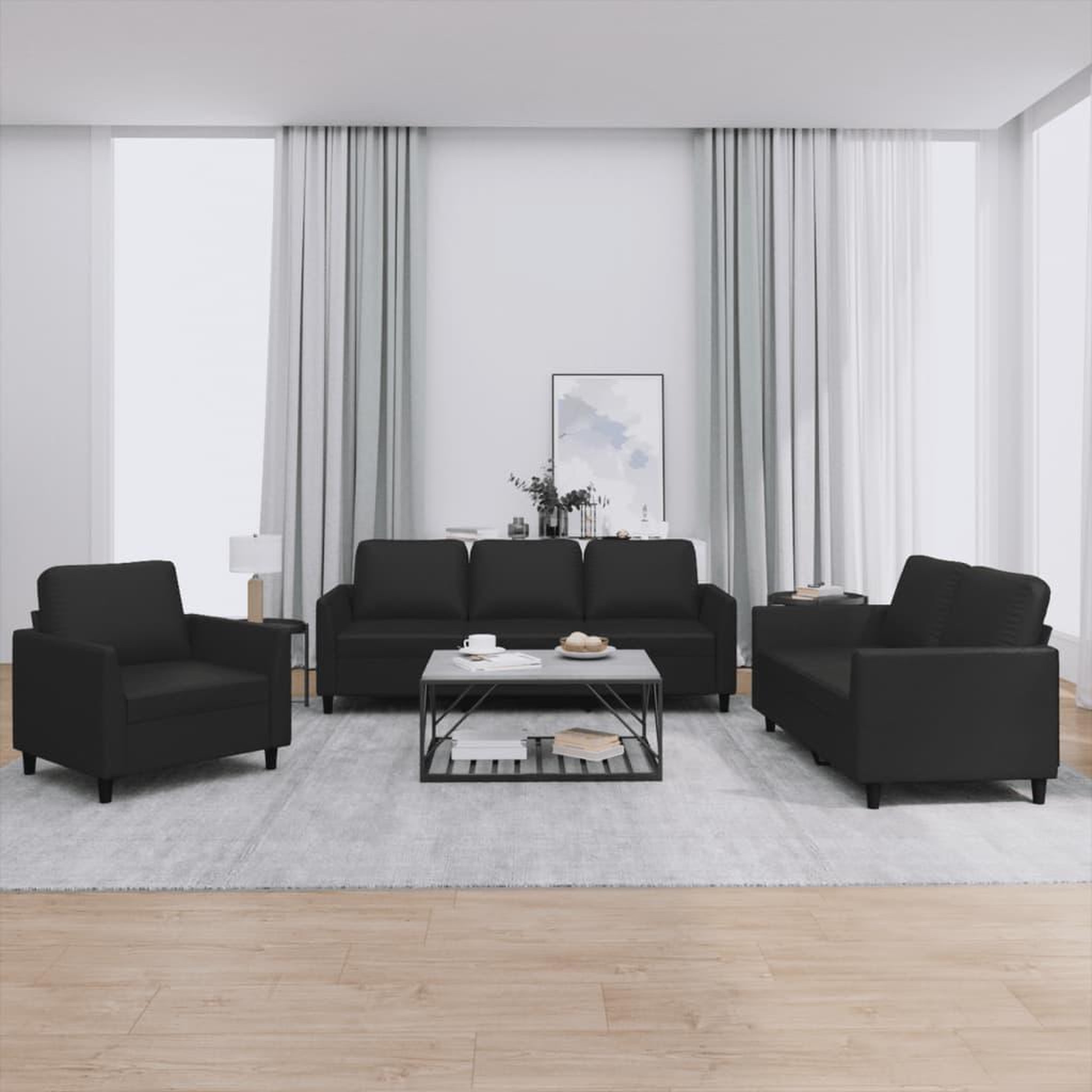 VIDAXL Ensemble de canapes 3 pcs avec coussins Noir Similicuir