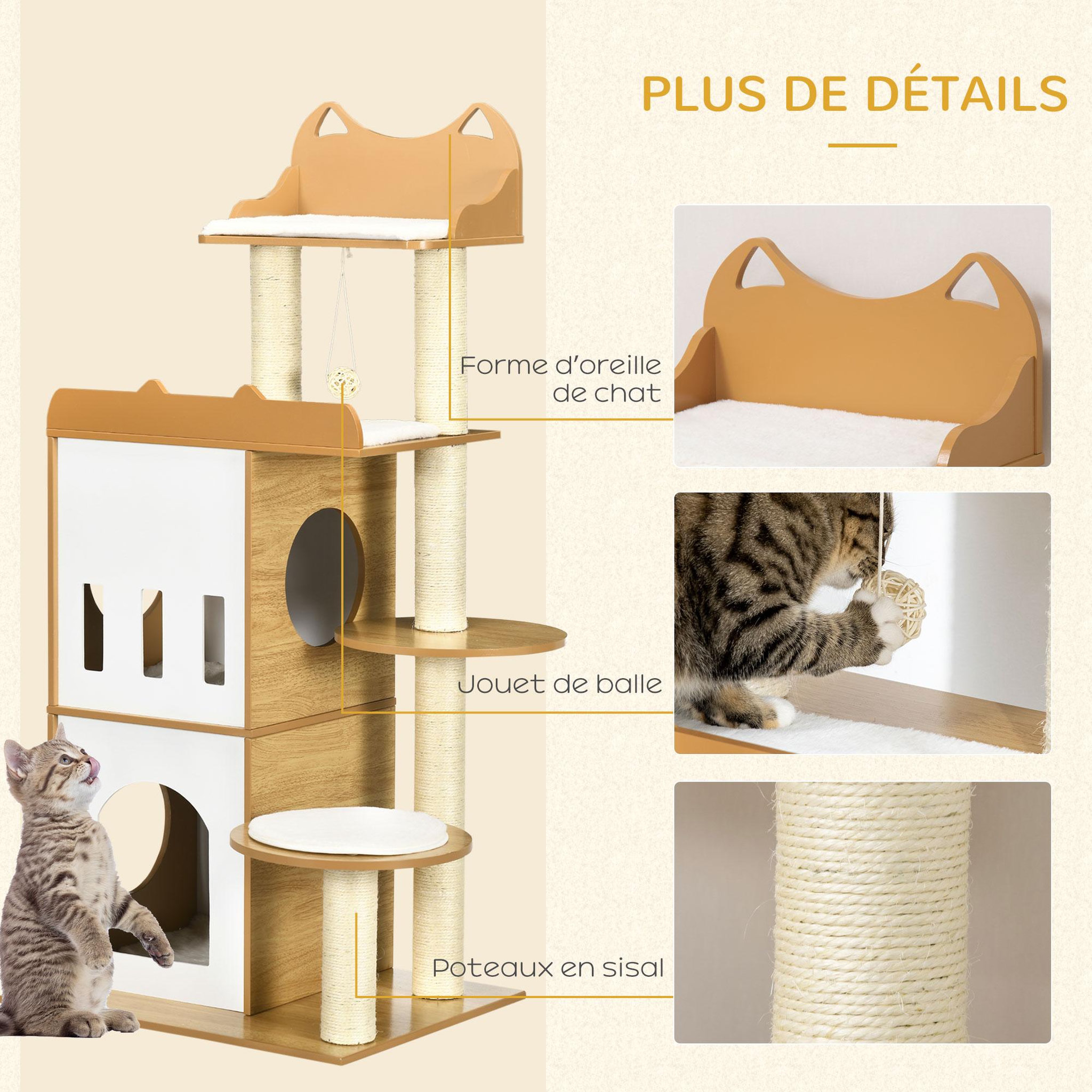 Voir la diapositive 5 : PAWHUT Arbre à chat design contemporain griffoir sisal naturel 2 niches plateformes jeu boule suspendue mdf blanc aspect hêtre clair