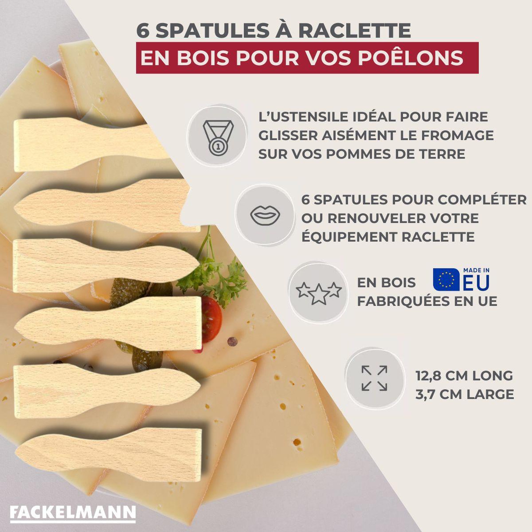Voir la diapositive 3 : Fackelmann Lot de 6 spatules à raclette en bois 13 cm fackelmann wood edition