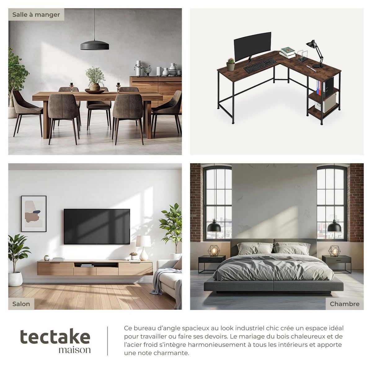 tectake Bureau Style industriel Étagère latérale avec 2 compartiments de stockage