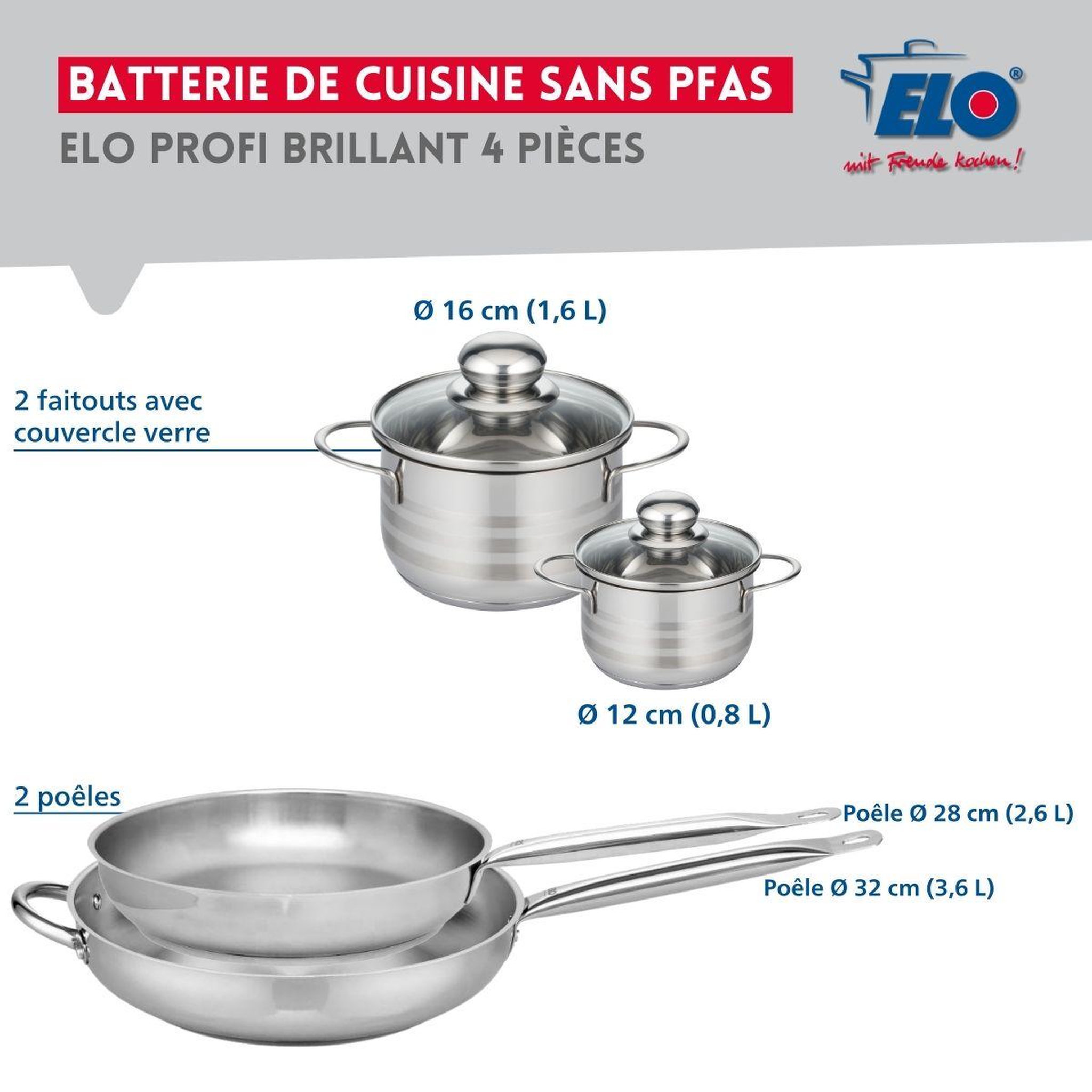 Voir la diapositive 2 : ELO Ensemble de 2 poêles de cuisson 28 et 32 cm et 2 faitouts 12 et 16 cm elo profi brillant
