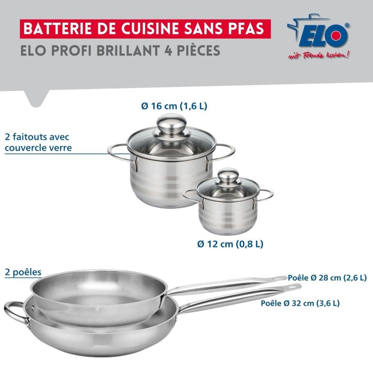 ELO Ensemble de 2 Poêles de cuisson 28 et 32 cm et 2 faitouts 12 et 16 cm Elo Profi Brillant