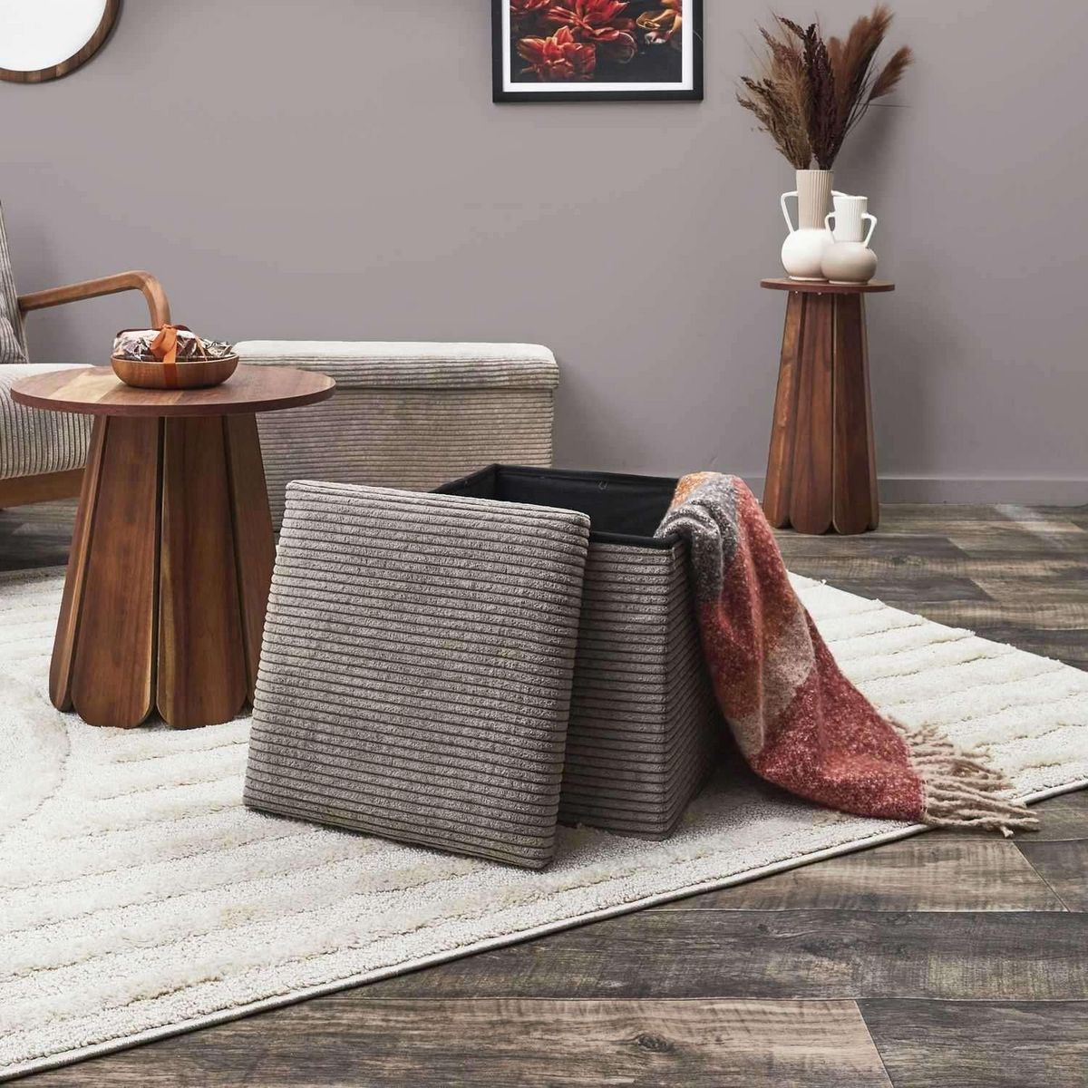 The Home Deco Factory Pouf de rangement pliable effet côtelé