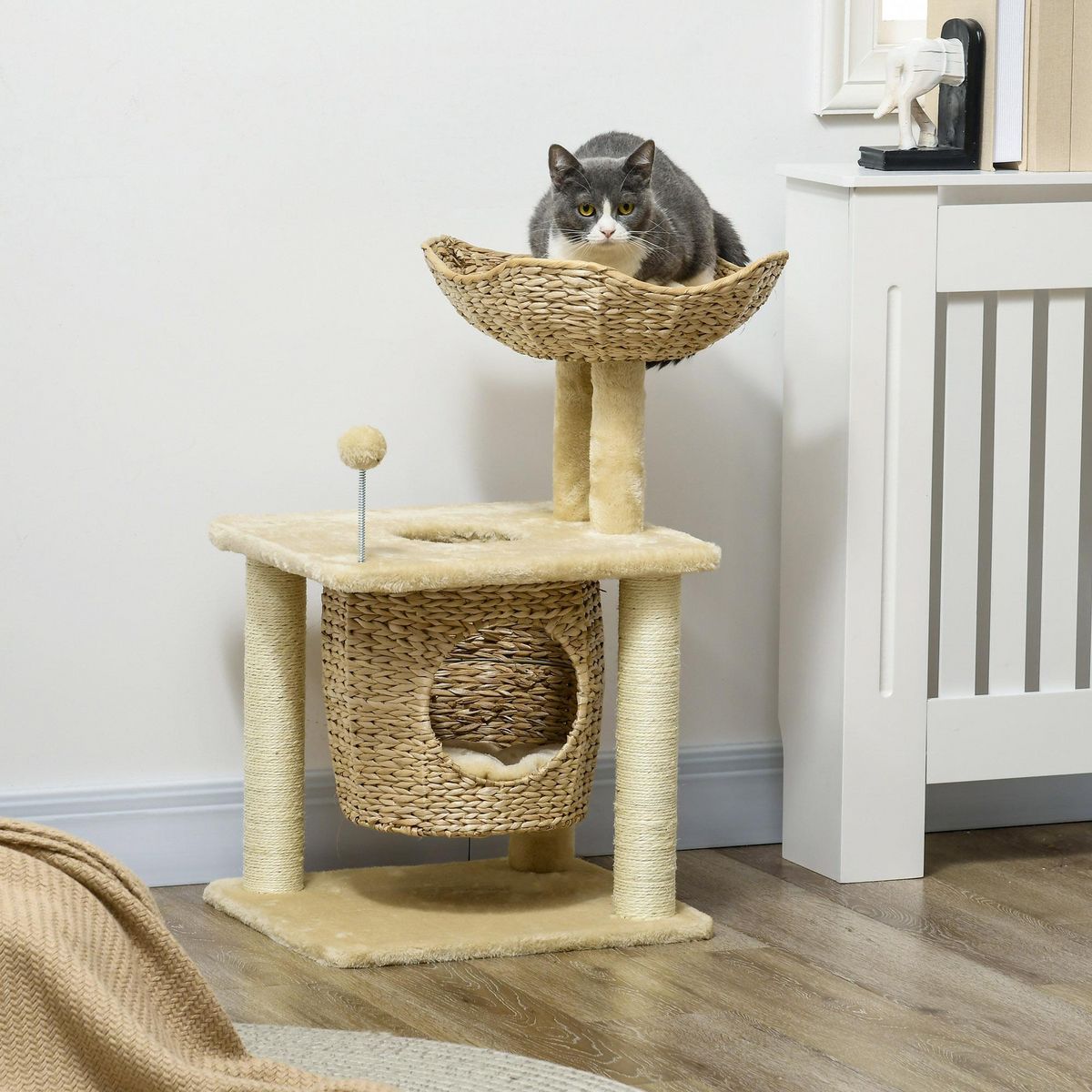 PAWHUT Arbre à chat style cosy chic griffoirs boule ressort niche panier 2 coussins inclus quenouille sisal naturel peluche beige