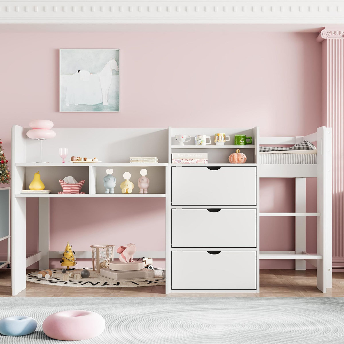 MERAX Lit enfant mi hauteur 90x200cm coloris blanc pin