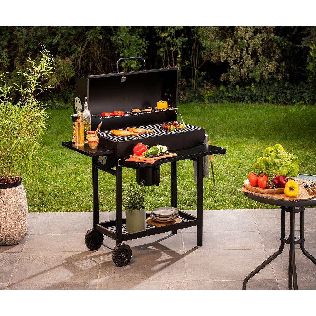 GARDENSTAR Barbecue charbon en demi - tonneau - 127x70x101cm
