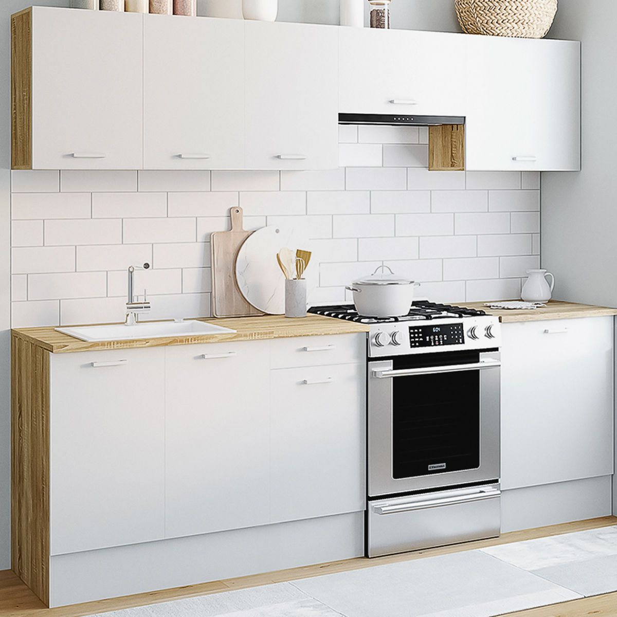 ID MARKET Cuisine complète 240 cm SUBTIL avec plan de travail 7 éléments bois et blanc