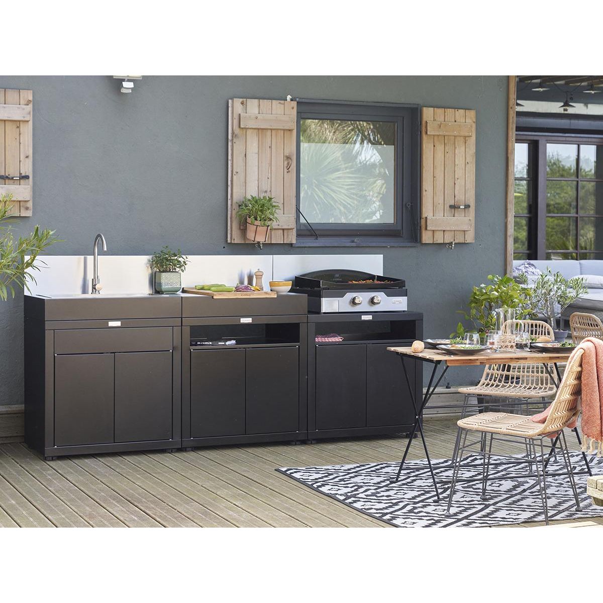 Le marquier Meuble cuisine extérieure avec évier intégré - 80 x 55 cm - noir - Le Marquier