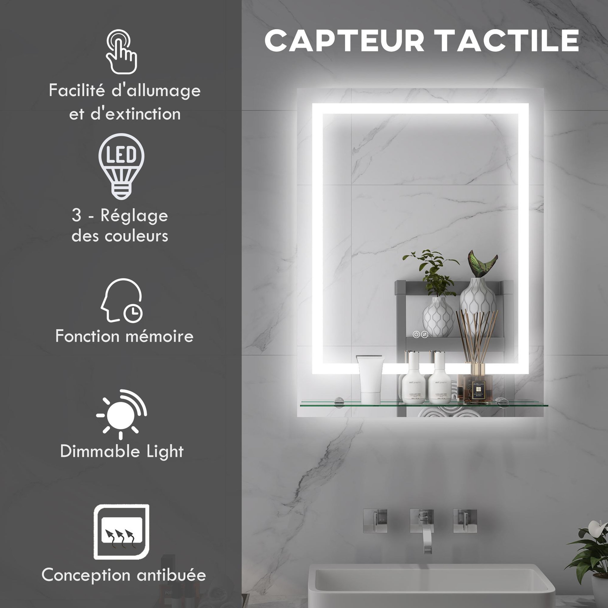 Voir la diapositive 4 : KLEANKIN Miroir lumineux led 43w antibué réglable interrupteur tactile étagère intégrée 60l x 14p x 80h cm