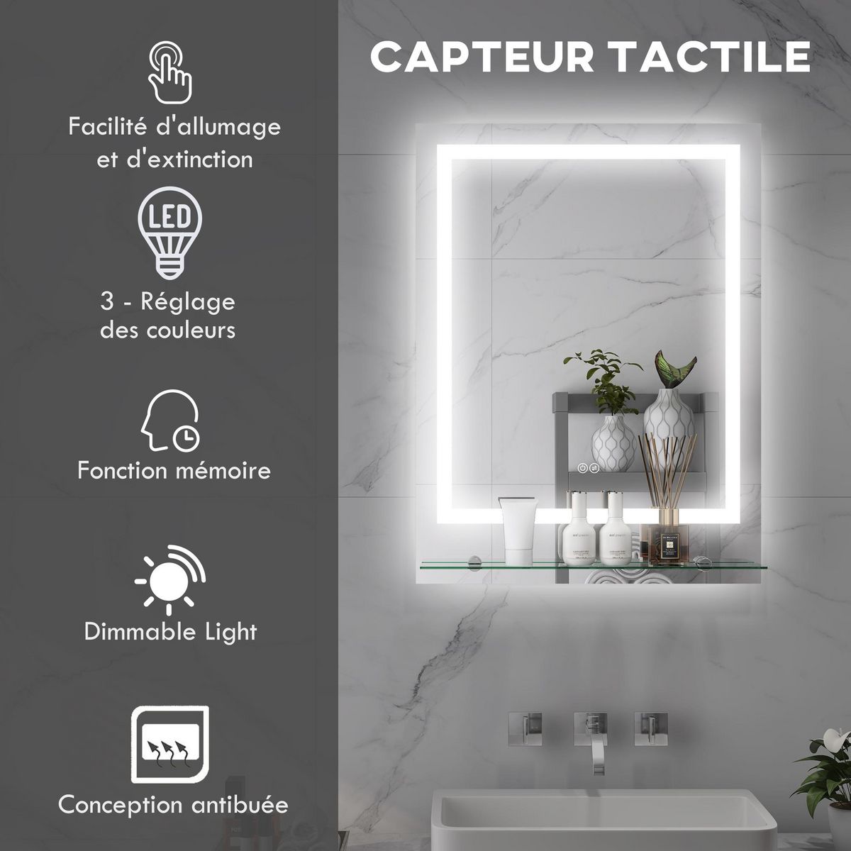 KLEANKIN Miroir lumineux LED 43W antibué réglable interrupteur tactile étagère intégrée 60L x 14P x 80H cm