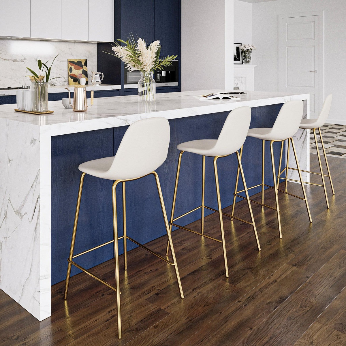 Rendez vous déco Chaise pour îlot central en cuir synthétique blanc 65 cm, pieds dorés-Henrik