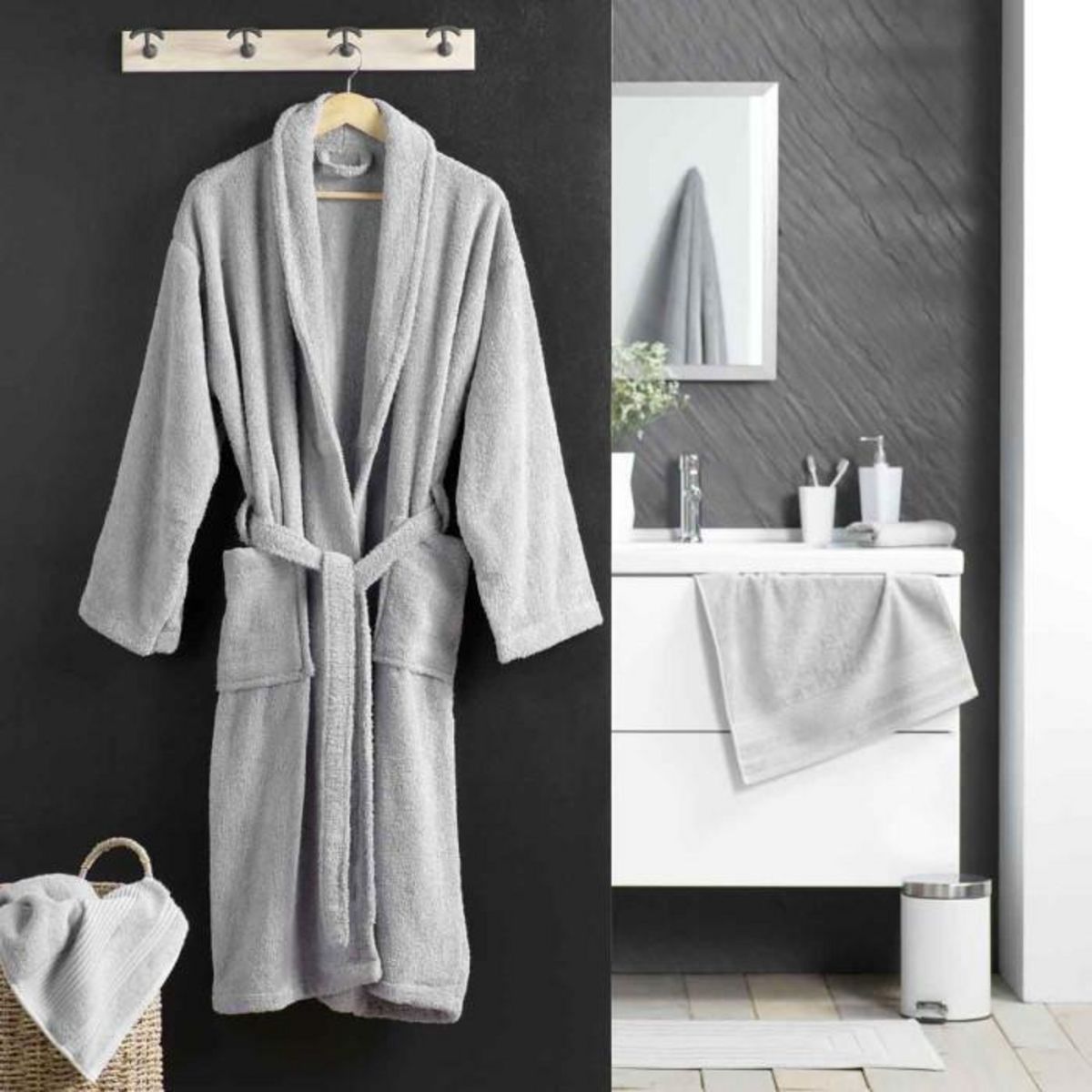 Paris Prix Peignoir Col Châle en Coton  Tendresse  Gris Perle