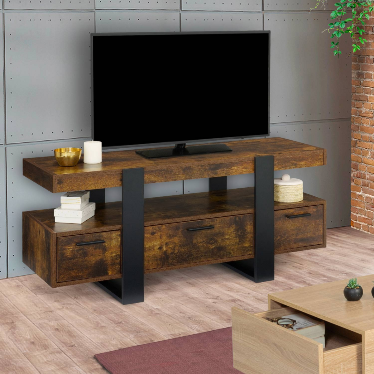ID MARKET Meuble TV 116 cm PHOENIX avec tiroirs bois effet vieilli et noir