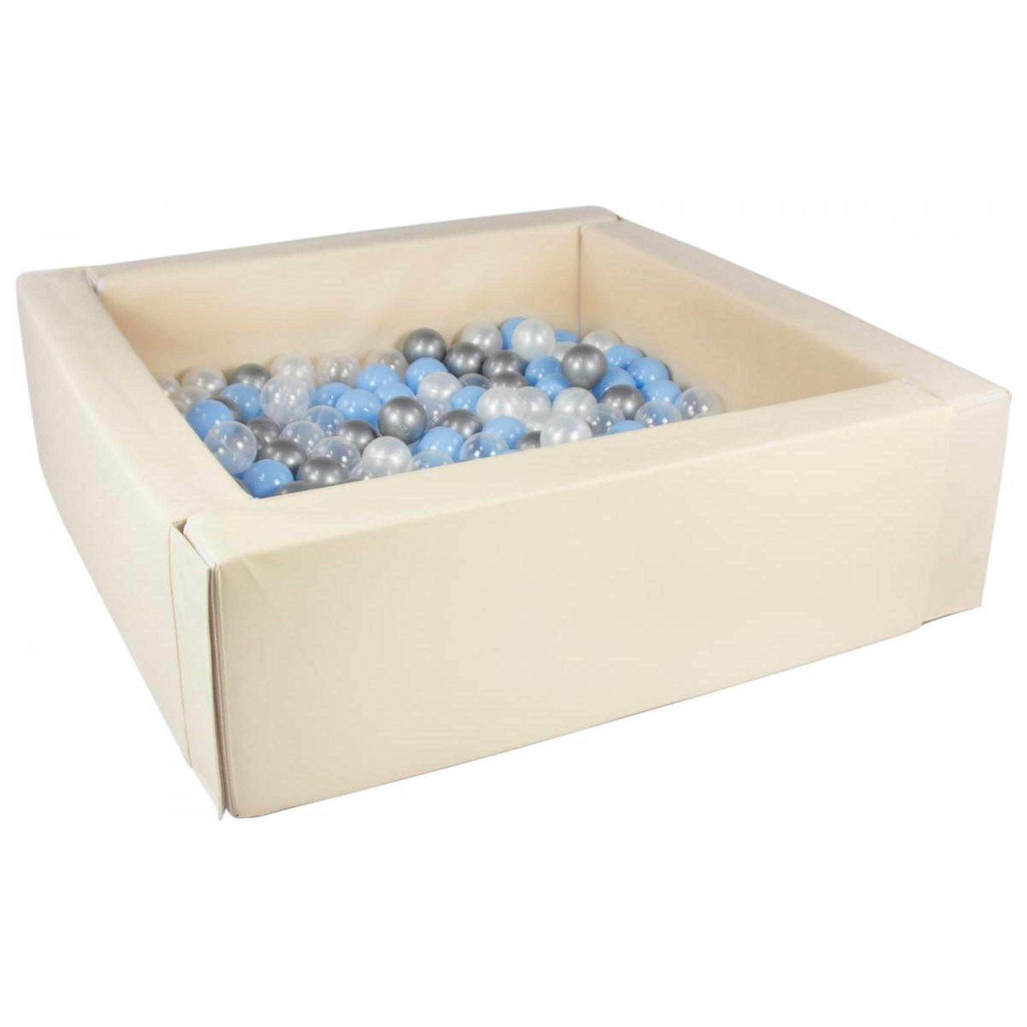 VELINDA Piscine à balles carrée avec 200 balles - cappuccino/perle, transparent, bleu clair, argent