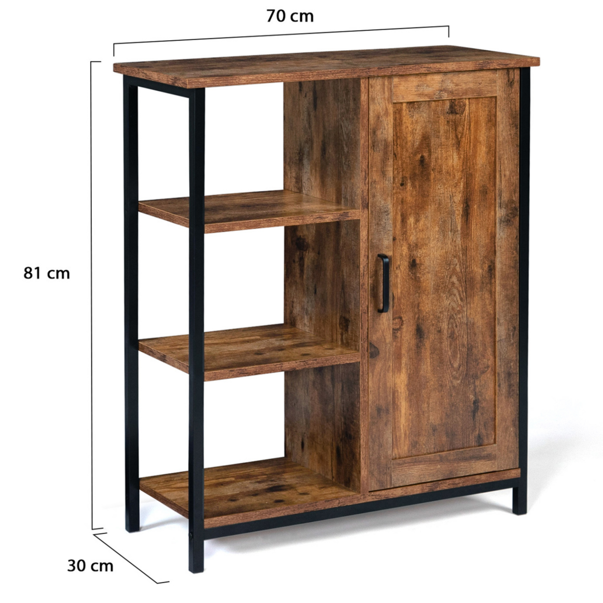 ID MARKET Buffet d'appoint 3 étagères et placard 70 cm DAYTON effet vieilli design industriel