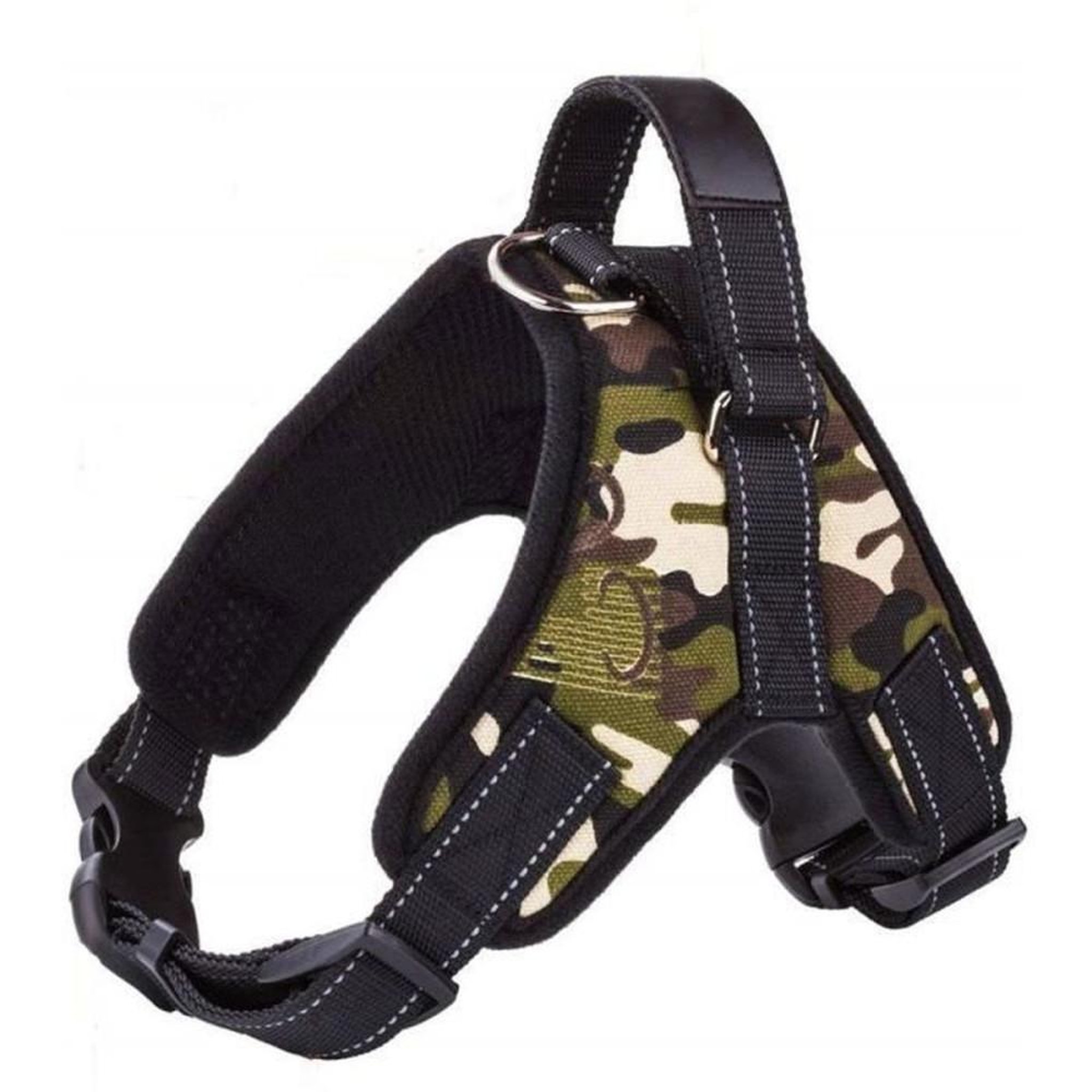 Harnais pour chien camouflage Oxford rembourré anti-étouffement, réglable sans traction, coutures réfléchissantes, boucles rapides et anneaux métalliques