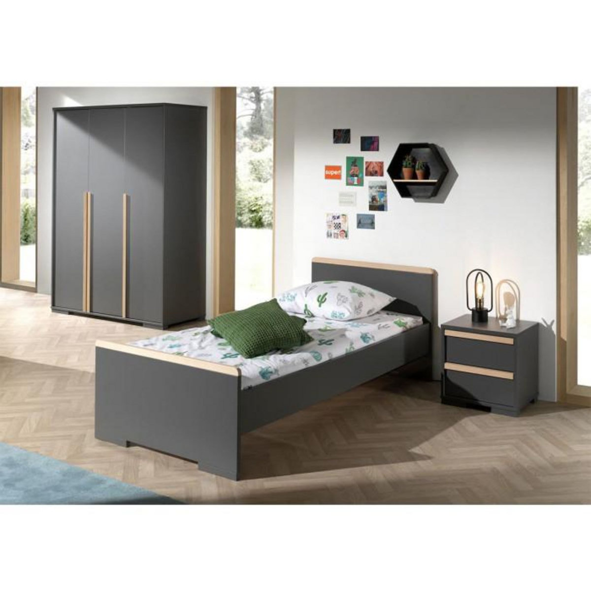 Paris Prix Pack - Lit Enfant, Chevet & Armoire 3 Portes  London  Gris Anthracite