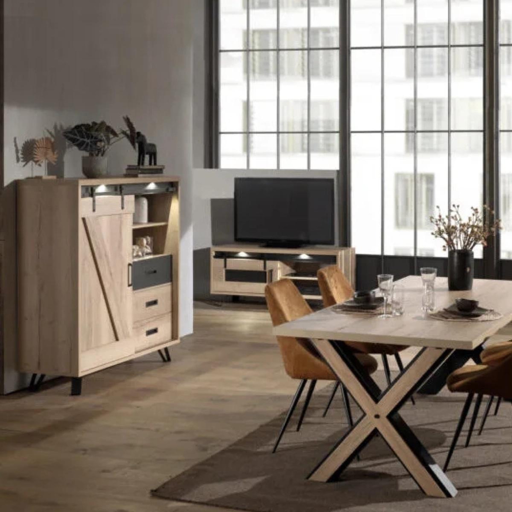 Voir la diapositive 3 : JLC KREATION Meuble tv industriel décor chêne + led 1 porte 150cm costa