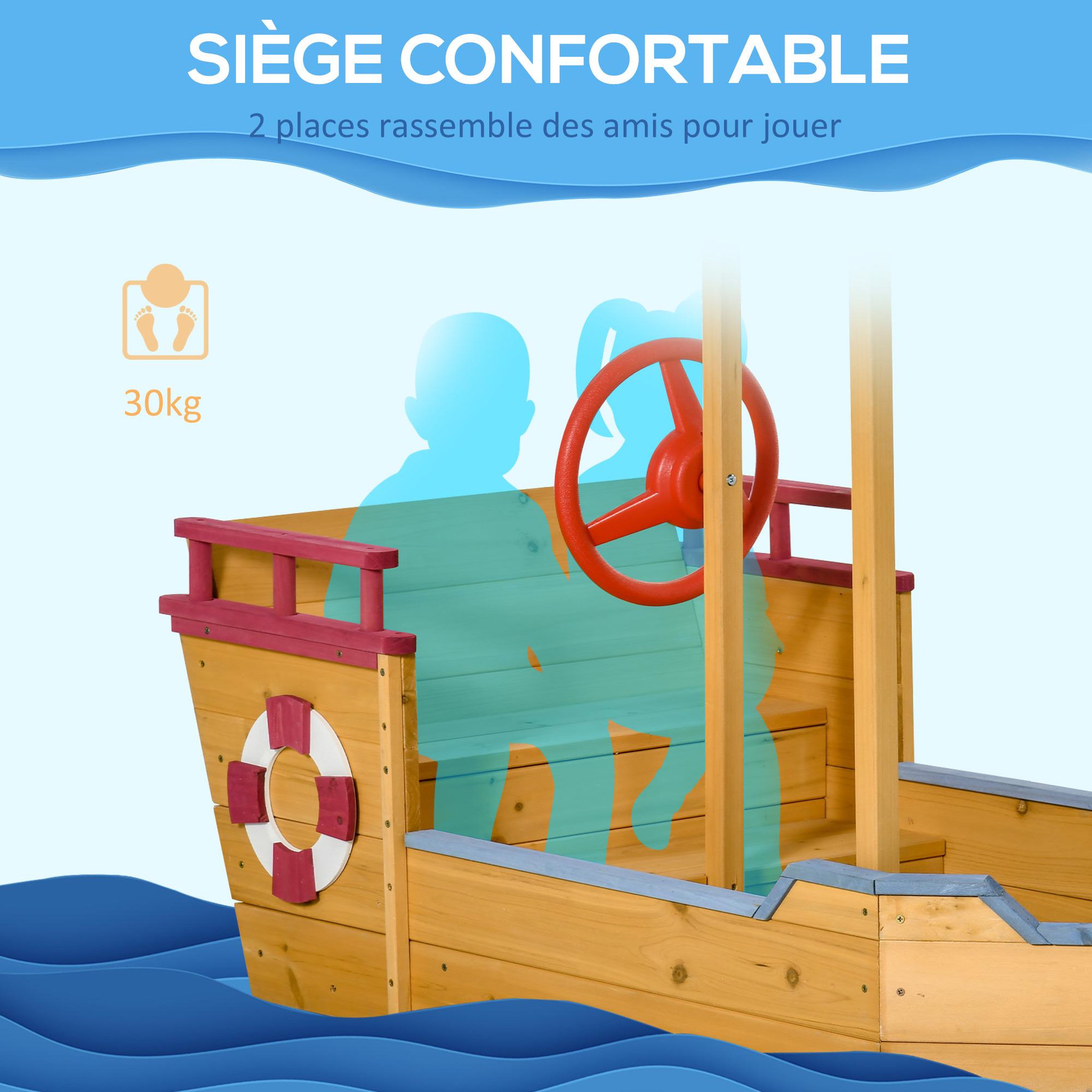 Voir la diapositive 4 : OUTSUNNY Bac à sable bateau de pirate en bois - voile d'ombrage, coffre rangement, gouvernail - bois sapin pré-huilé