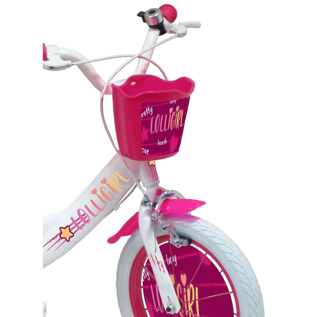 Vélo enfant - Modèle 16''Lolli Girl pour enfant de 105/120 cm avec stabilisateurs - Panier avant - Coffre arrière - 2 freins et pneus gonflables