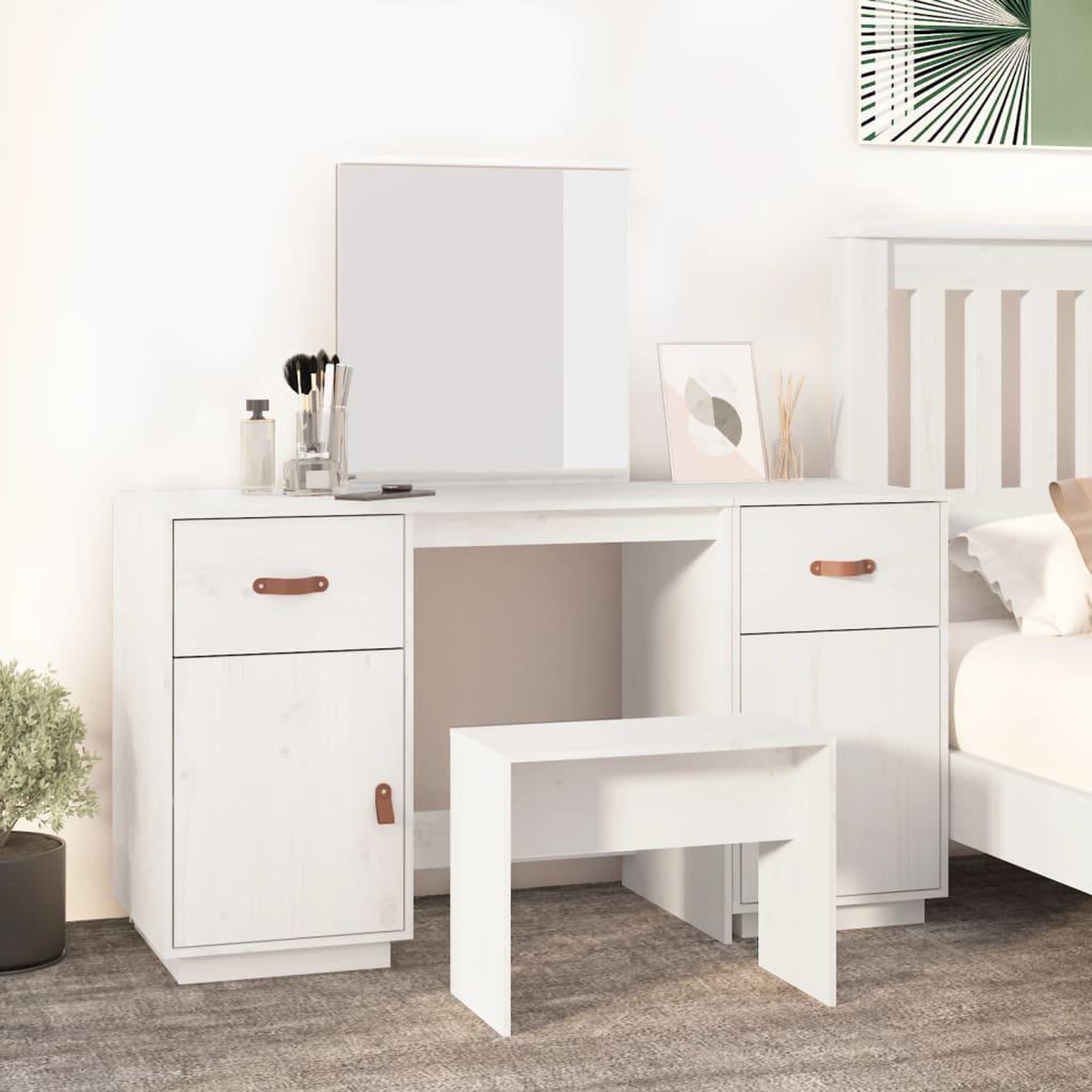 Voir la diapositive 1 : VIDAXL Ensemble de coiffeuse avec miroir Blanc Bois de pin solide