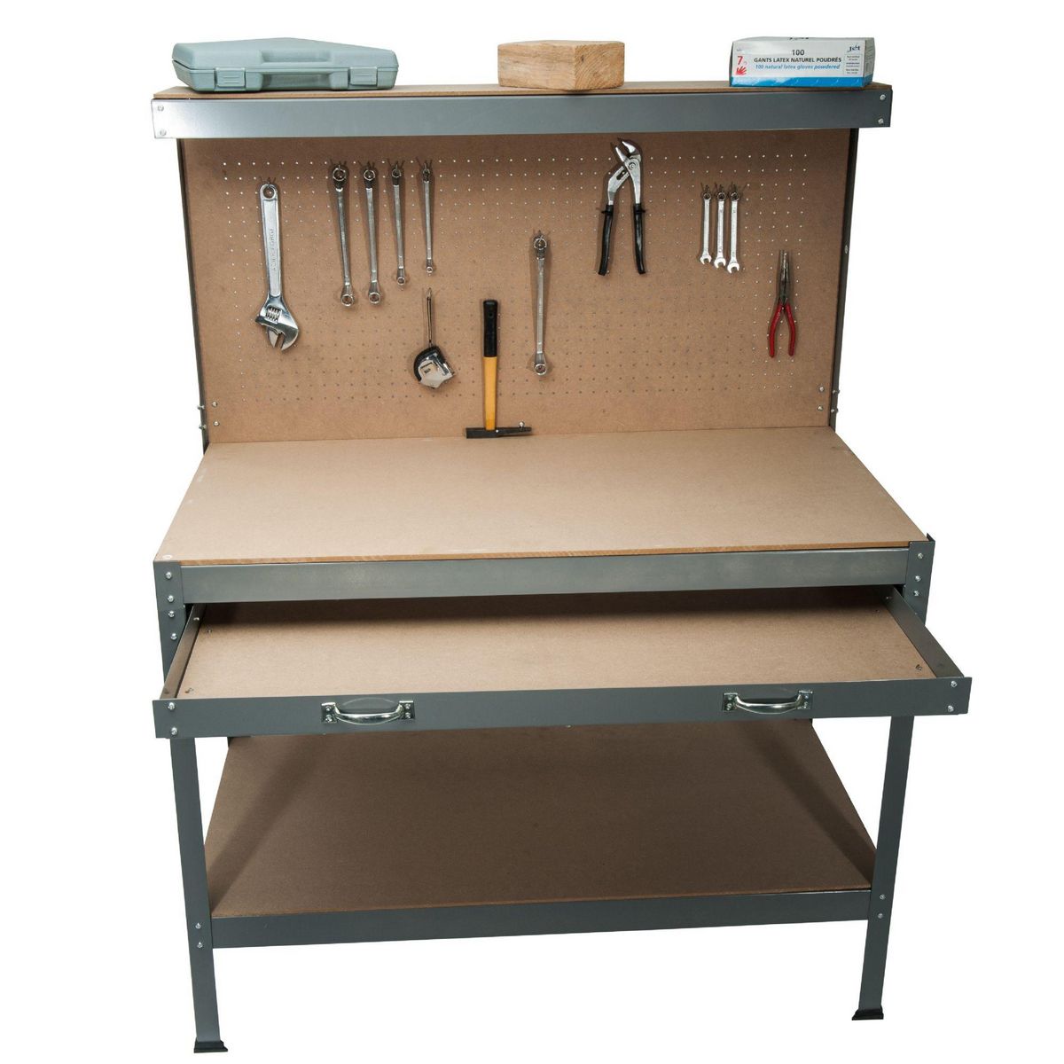 WERKAPRO Établi en métal avec étagères, tiroir et panneau WERKA PRO