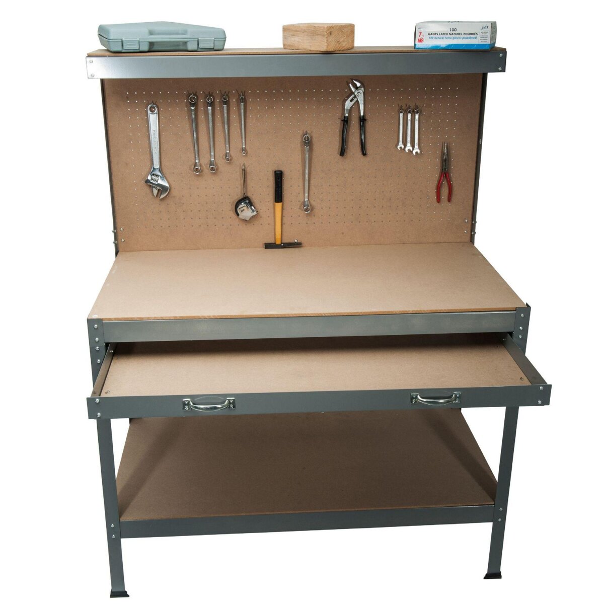 WERKAPRO Établi en métal avec étagères, tiroir et panneau WERKA PRO