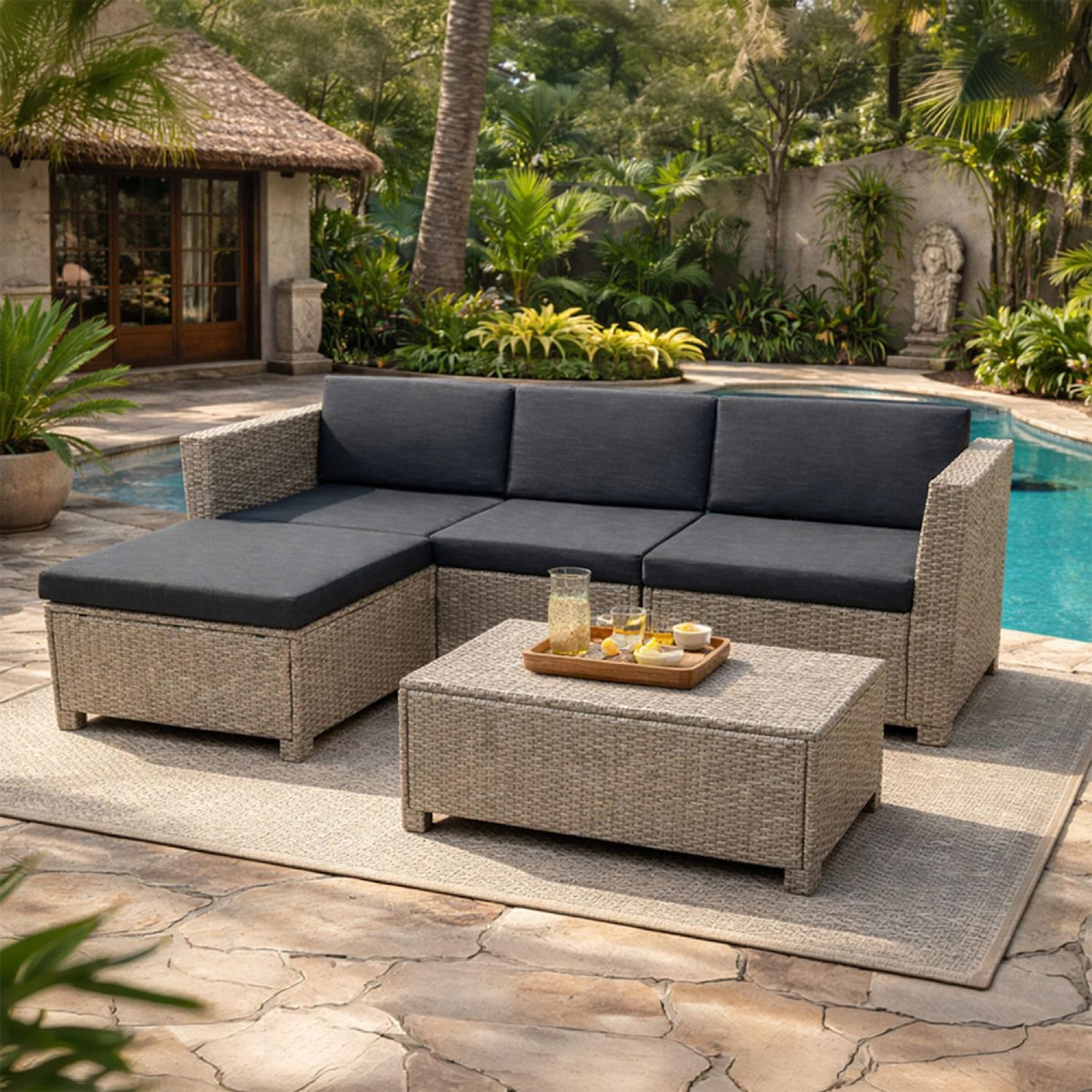 CONCEPT USINE Salon de jardin 4 places en résine tressée gris et noir BALLENY