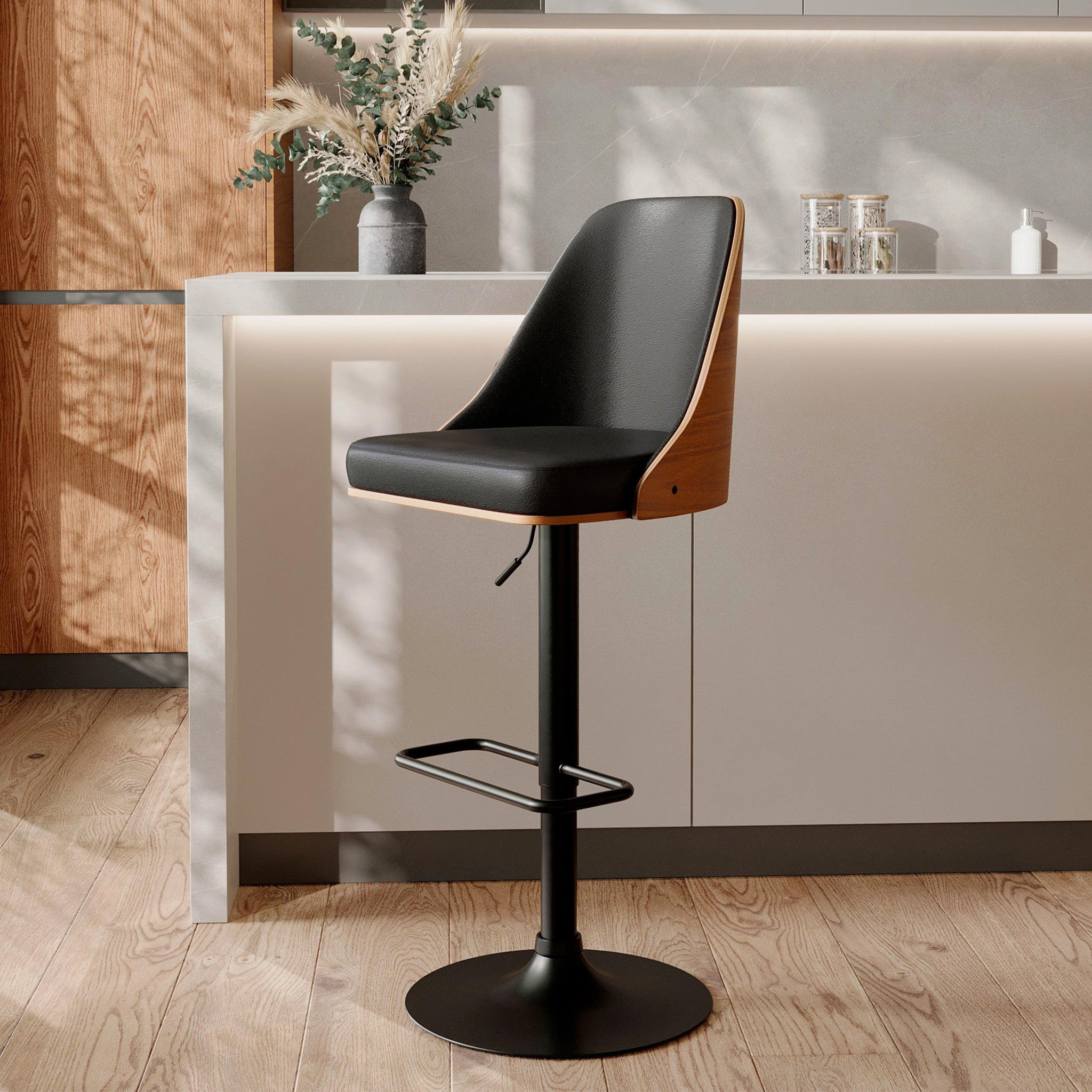 Voir la diapositive 2 : MAISON PAVANE Chaise de bar réglable et pivotante en bois foncé et pu noir 56/77 cm-georges