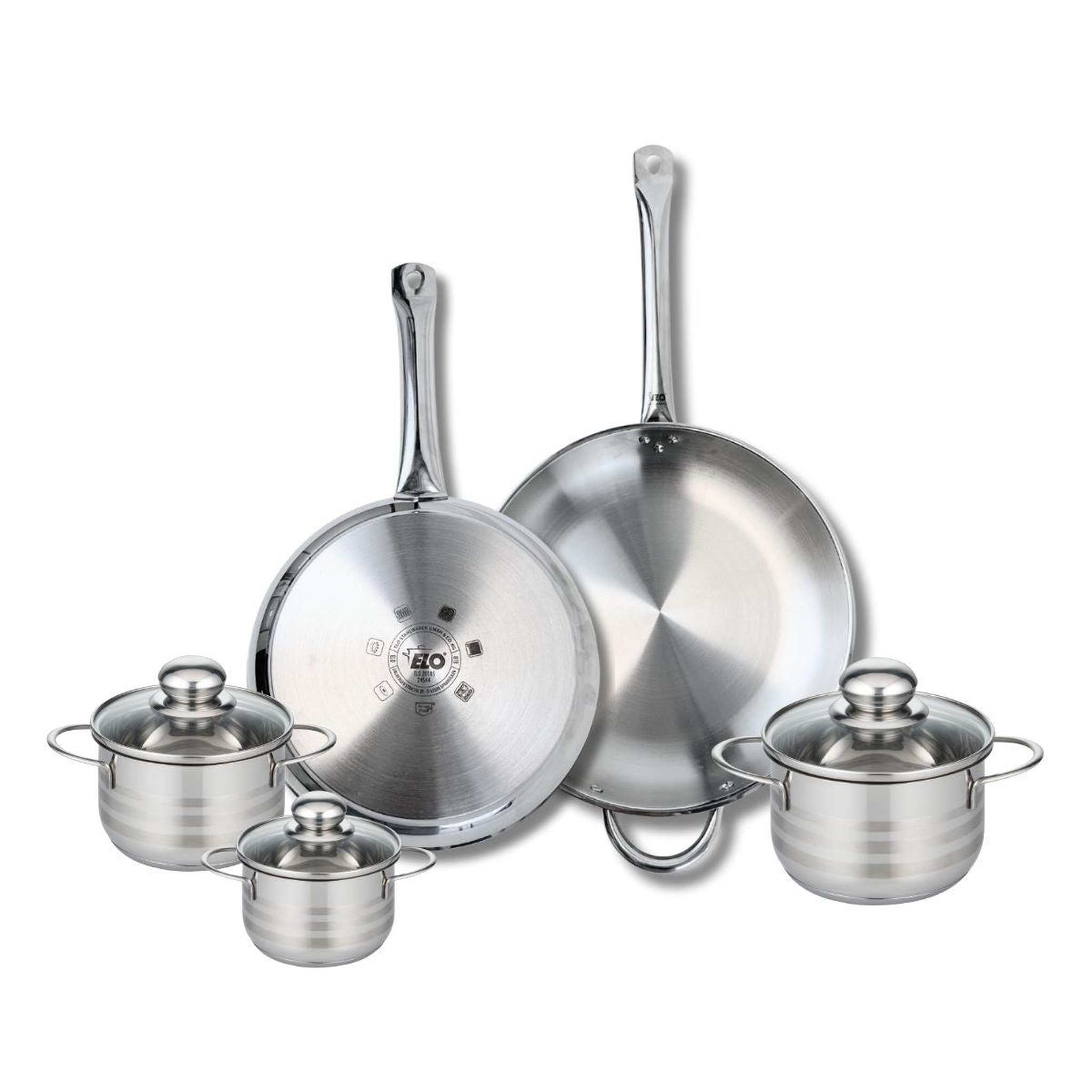 ELO Ensemble de 2 poêles de cuisson 28 et 32 cm et 3 faitouts 12, 14 et 16 cm elo profi brillant