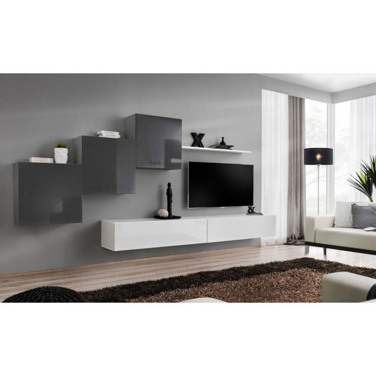 Paris Prix Meuble TV Mural Design  Switch X  330cm Gris & Blanc