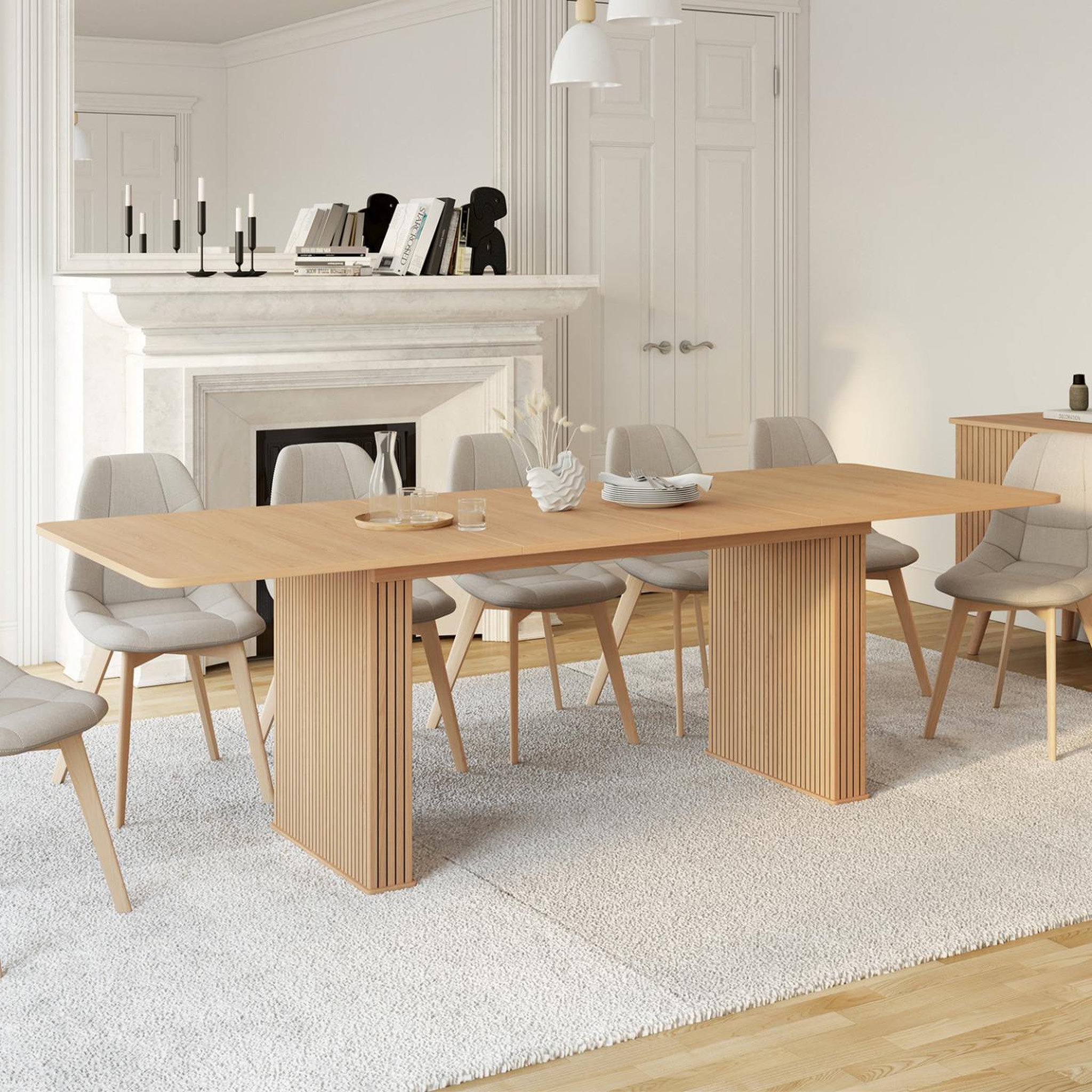Voir la diapositive 2 : ID MARKET Table à manger extensible rectangle juliette 6-12 personnes pieds lattes tasseau bois coloris chêne 160-240 cm