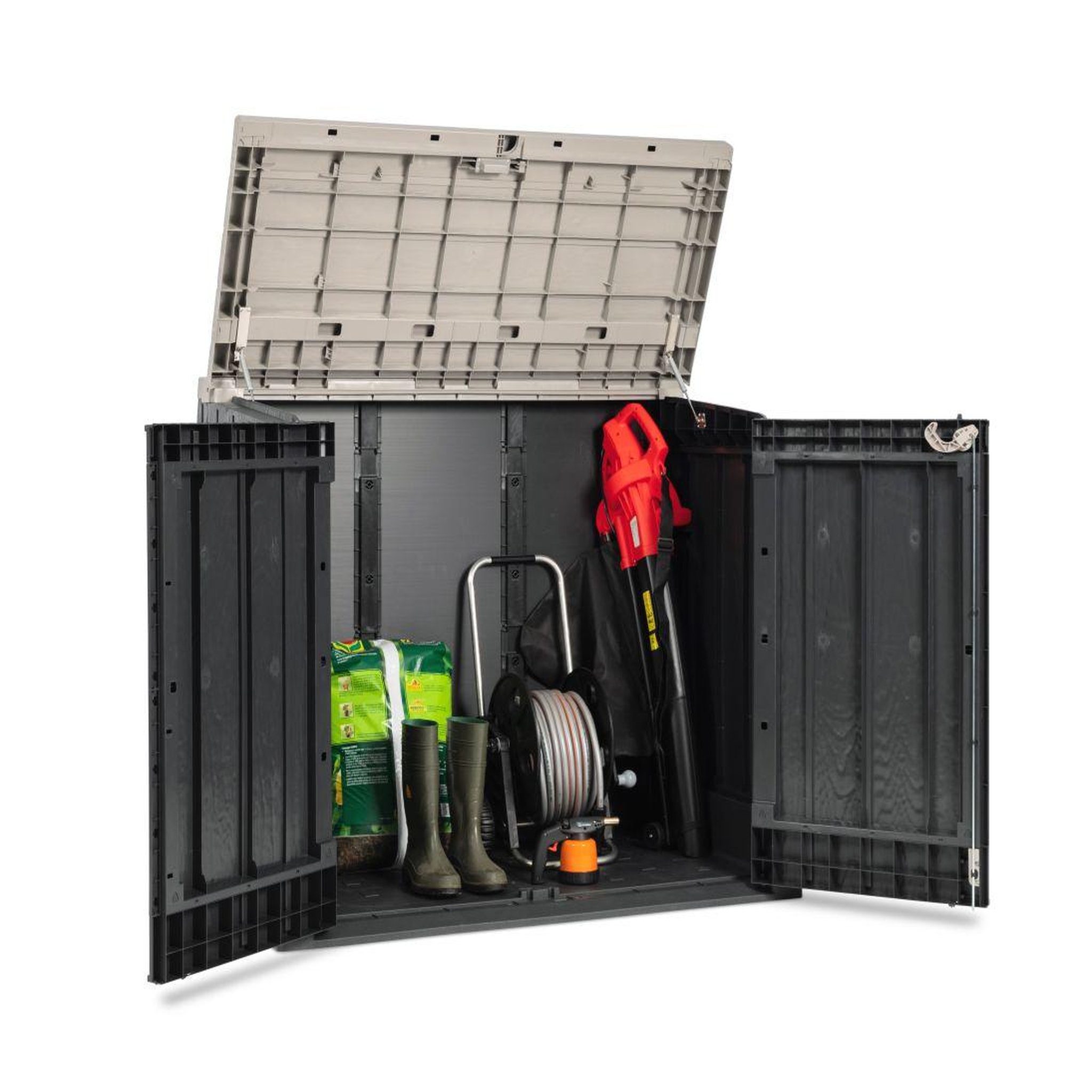 Voir la diapositive 2 : TOOMAX Coffre de rangement jardin multifonction résine - Taupe et Anthracite - 1270L - STORER PLUS XL