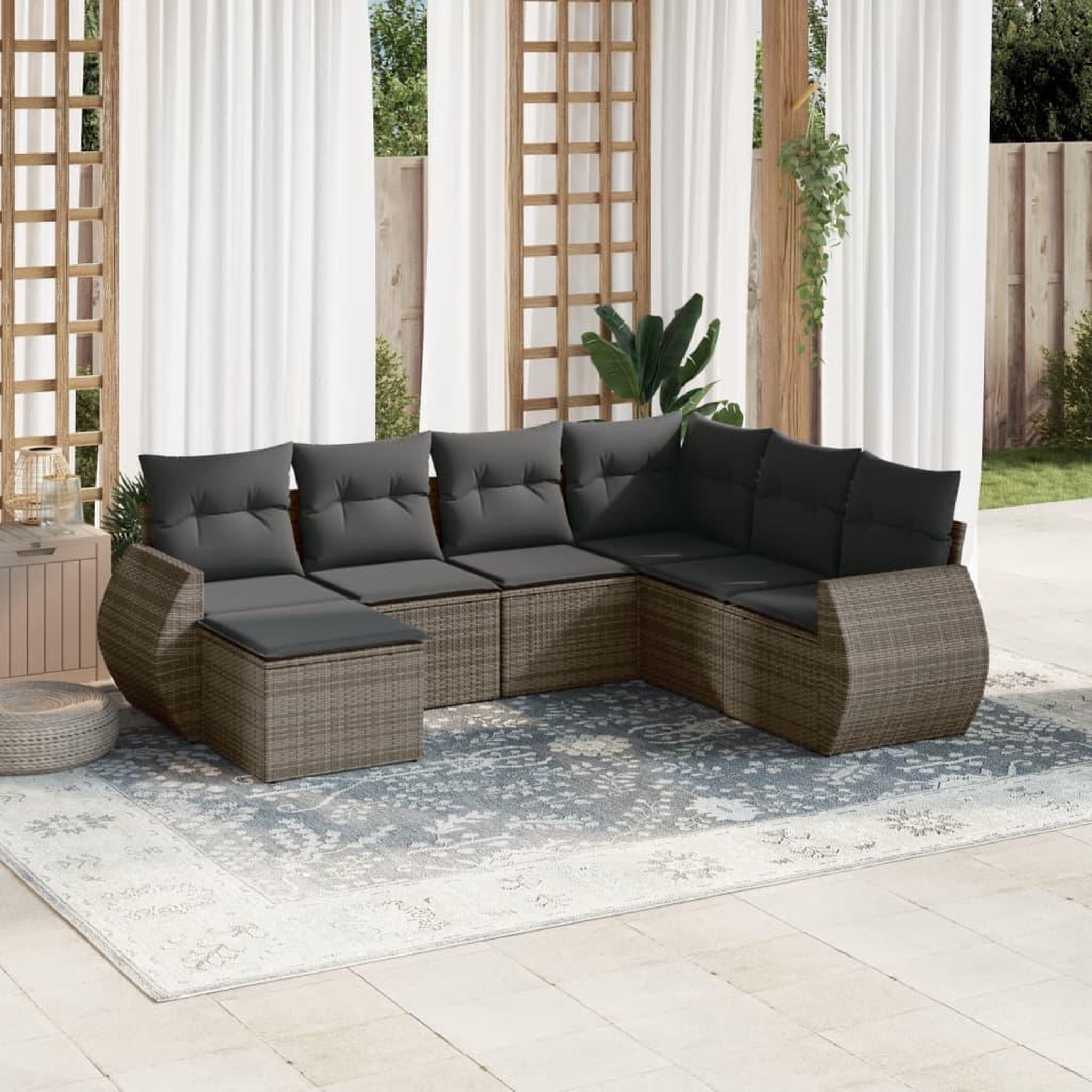 VIDAXL Salon de jardin avec coussins 7 pcs gris resine tressee