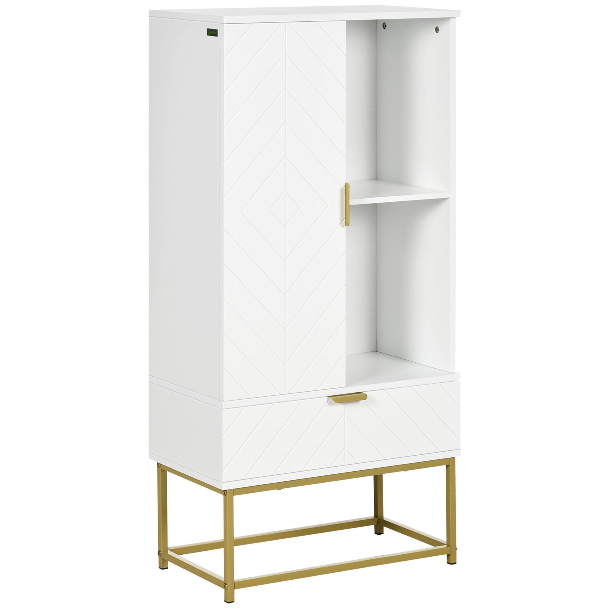 Voir la diapositive 1 : KLEANKIN Meuble bas de salle de bain design - porte, étagère, tiroir, 2 niches, 1 tiroir - acier doré MDF blanc
