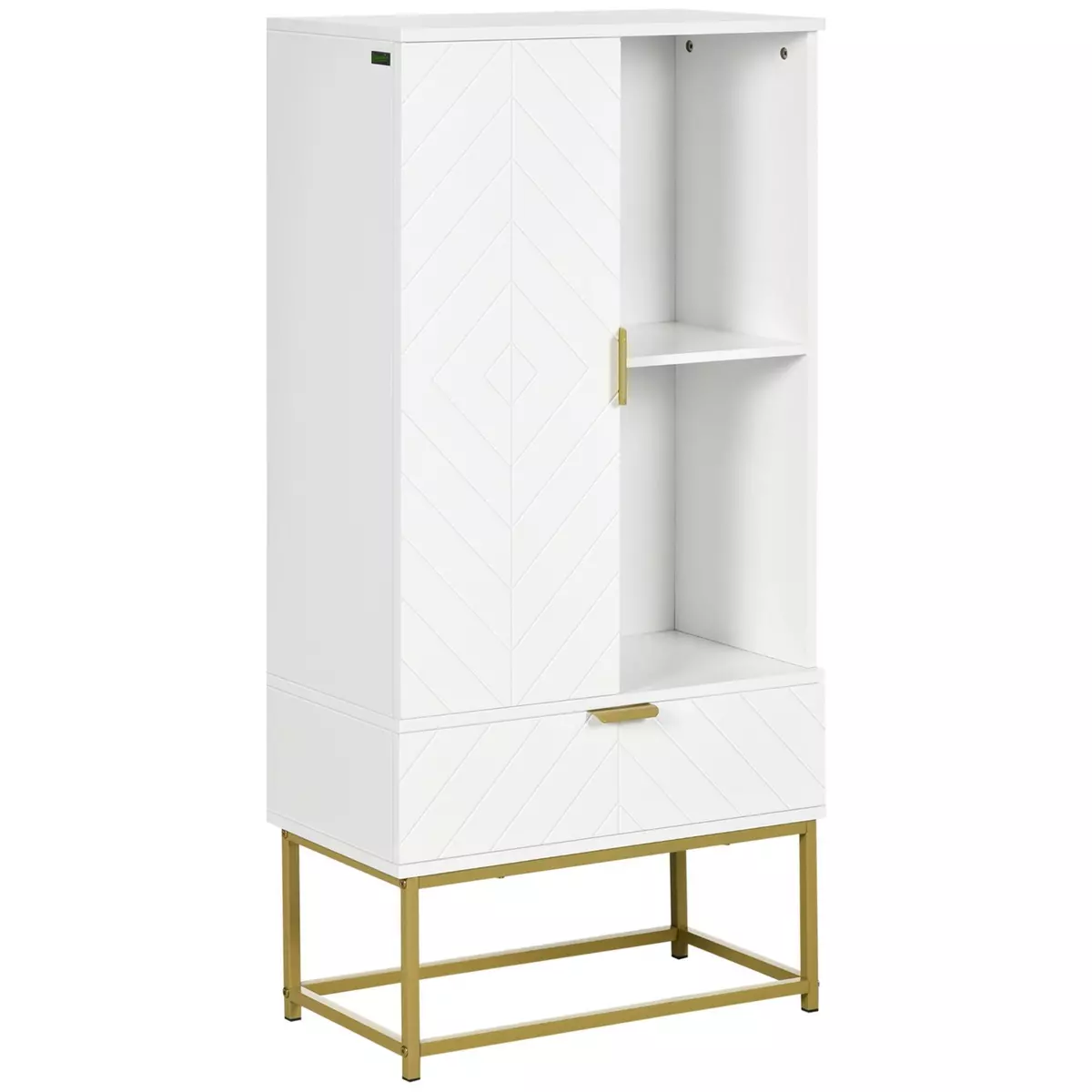 KLEANKIN Meuble bas de salle de bain design - porte, étagère, tiroir, 2 niches, 1 tiroir - acier doré MDF blanc