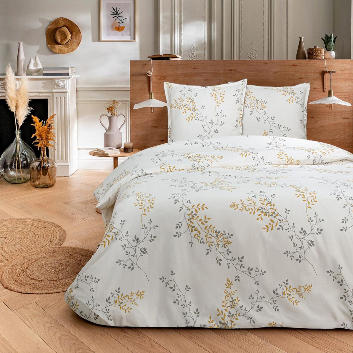 FUTURE HOME Parure de lit 2 personnes satin de coton motif feuillage