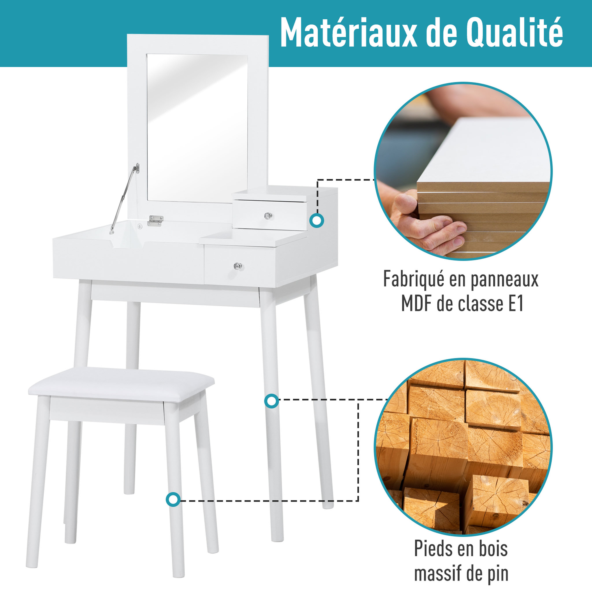 Voir la diapositive 6 : HOMCOM Coiffeuse table de maquillage avec tabouret miroir rabattable coffre + 2 tiroirs MDF bois massif pin blanc