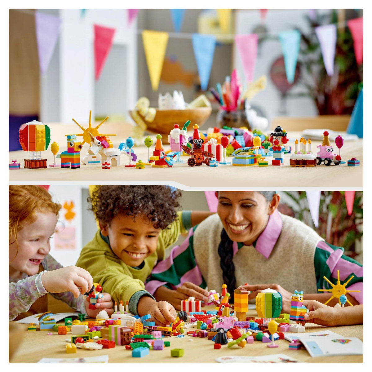 LEGO Classic 11029 - Boîte de fête créative, Ensemble de Briques, à Jouer en Famille, Comprend 12 Mini Jouets : Ourson, Clown, Licorne,