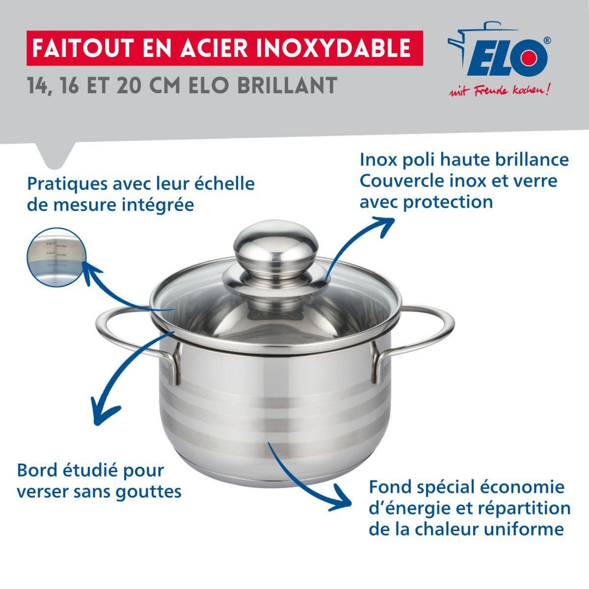 ELO Lot de 3 faitouts 14, 16 et 20 cm en acier inoxydable sans PFAS Elo Brillant